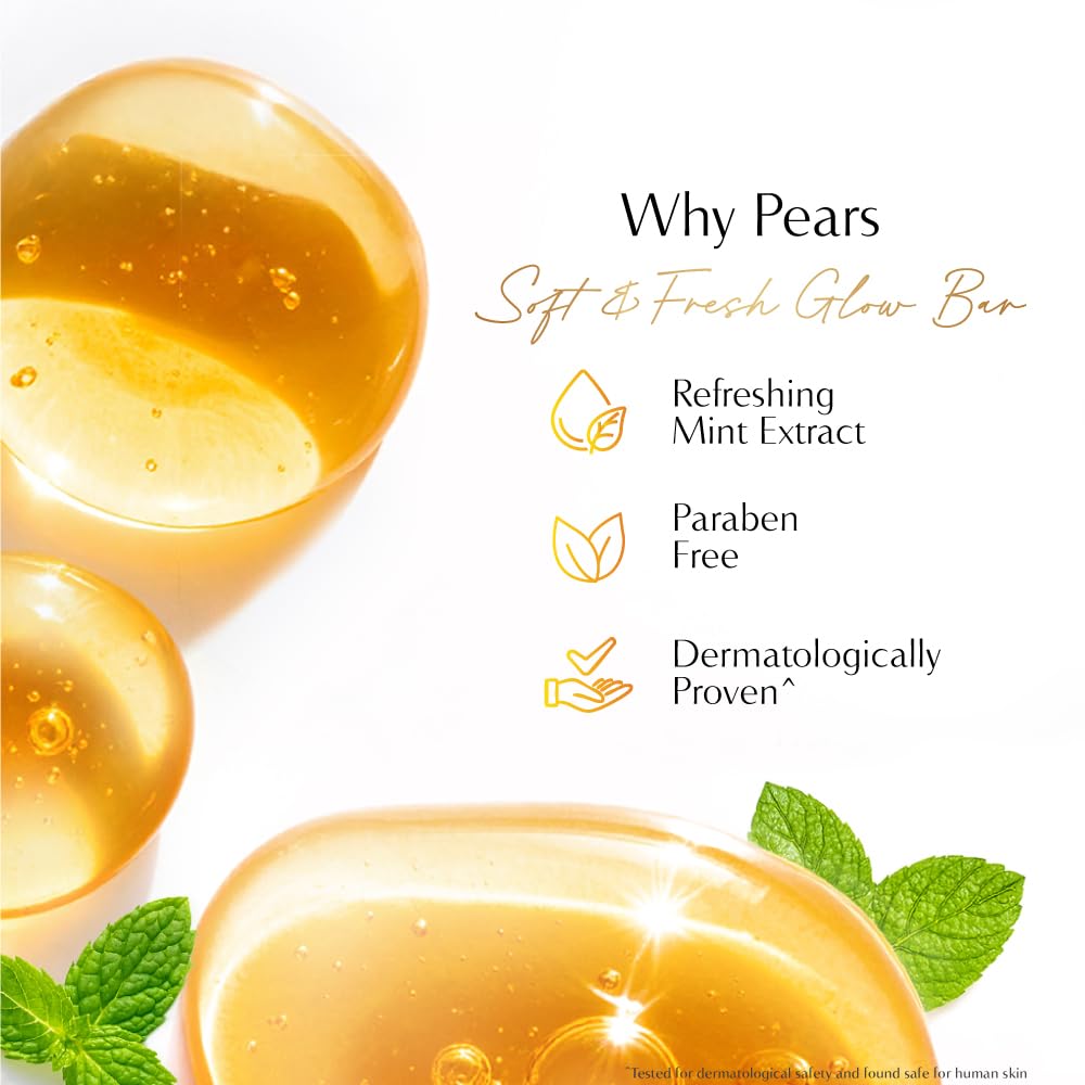 Pears Original Glycerin Soap Bar - Soft & Fresh Glow | With 98% Pure Glycerin & Mint Extract | For a Fresh Glow | With Plant Based Cleanser for Skin & Body | Paraben-free | 125 gms x 6