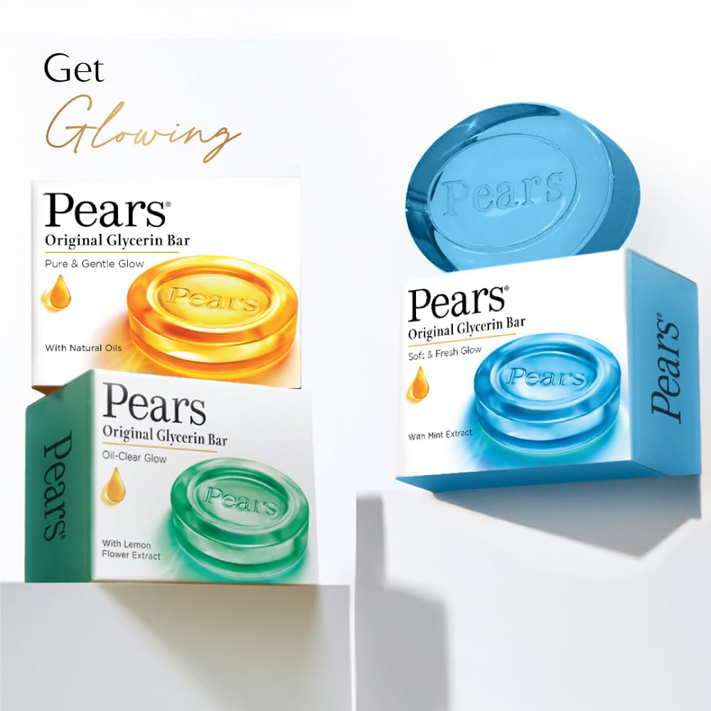 Pears Original Glycerin Soap Bar - Soft & Fresh Glow | With 98% Pure Glycerin & Mint Extract | For a Fresh Glow | With Plant Based Cleanser for Skin & Body | Paraben-free | 125 gms x 6