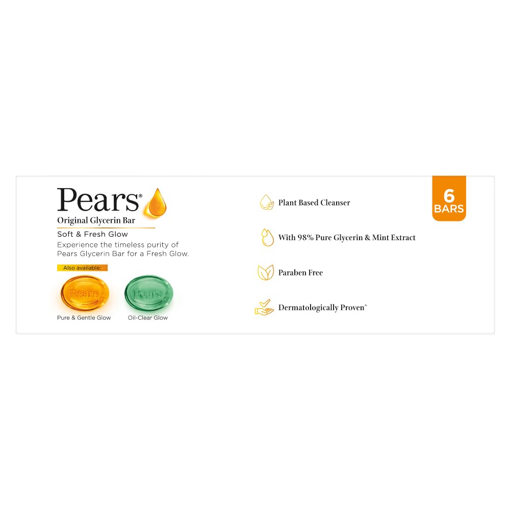 Pears Original Glycerin Soap Bar - Soft & Fresh Glow | With 98% Pure Glycerin & Mint Extract | For a Fresh Glow | With Plant Based Cleanser for Skin & Body | Paraben-free | 125 gms x 6