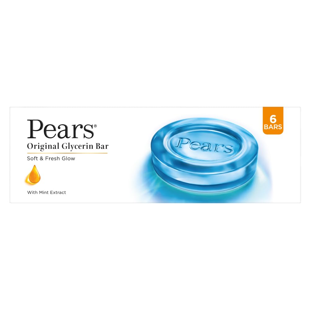 Pears Original Glycerin Soap Bar - Soft & Fresh Glow | With 98% Pure Glycerin & Mint Extract | For a Fresh Glow | With Plant Based Cleanser for Skin & Body | Paraben-free | 125 gms x 6