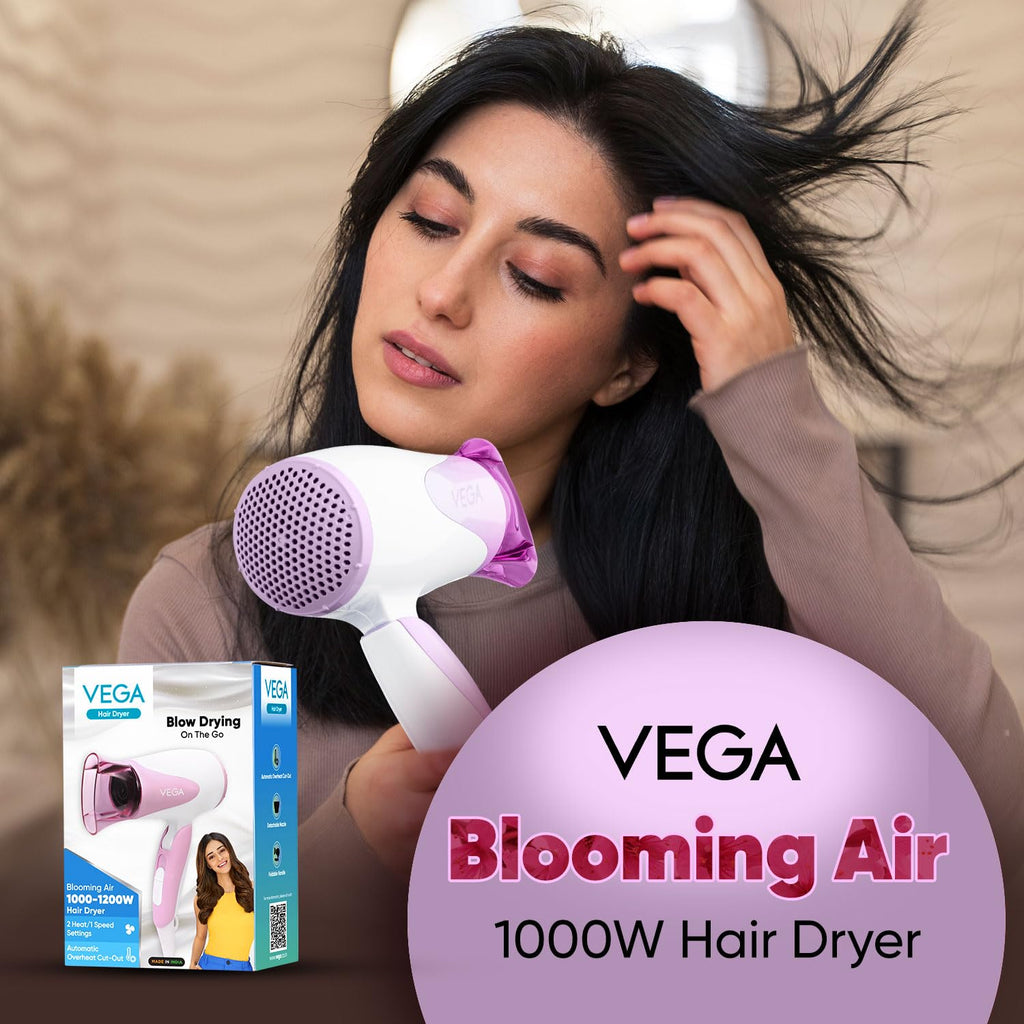 VEGA Blooming Air Foldable 1000-1200 Watts Hair Dryer for Women with Flexible Heat Setting & Detachable Nozzle,Automatic Overheat Cutout,Compact Quick Dry Blow Dryer(VHDH-05),(Made in India)