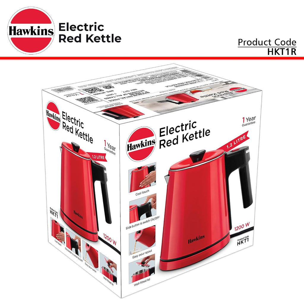 Hawkins Electric Red Kettle 1.2 Litre | 1200W | Cool Touch Body | Auto Cut-Off & Dry-Boil Protection | LED Indicator | Cord Storage | Red (HKT1R)