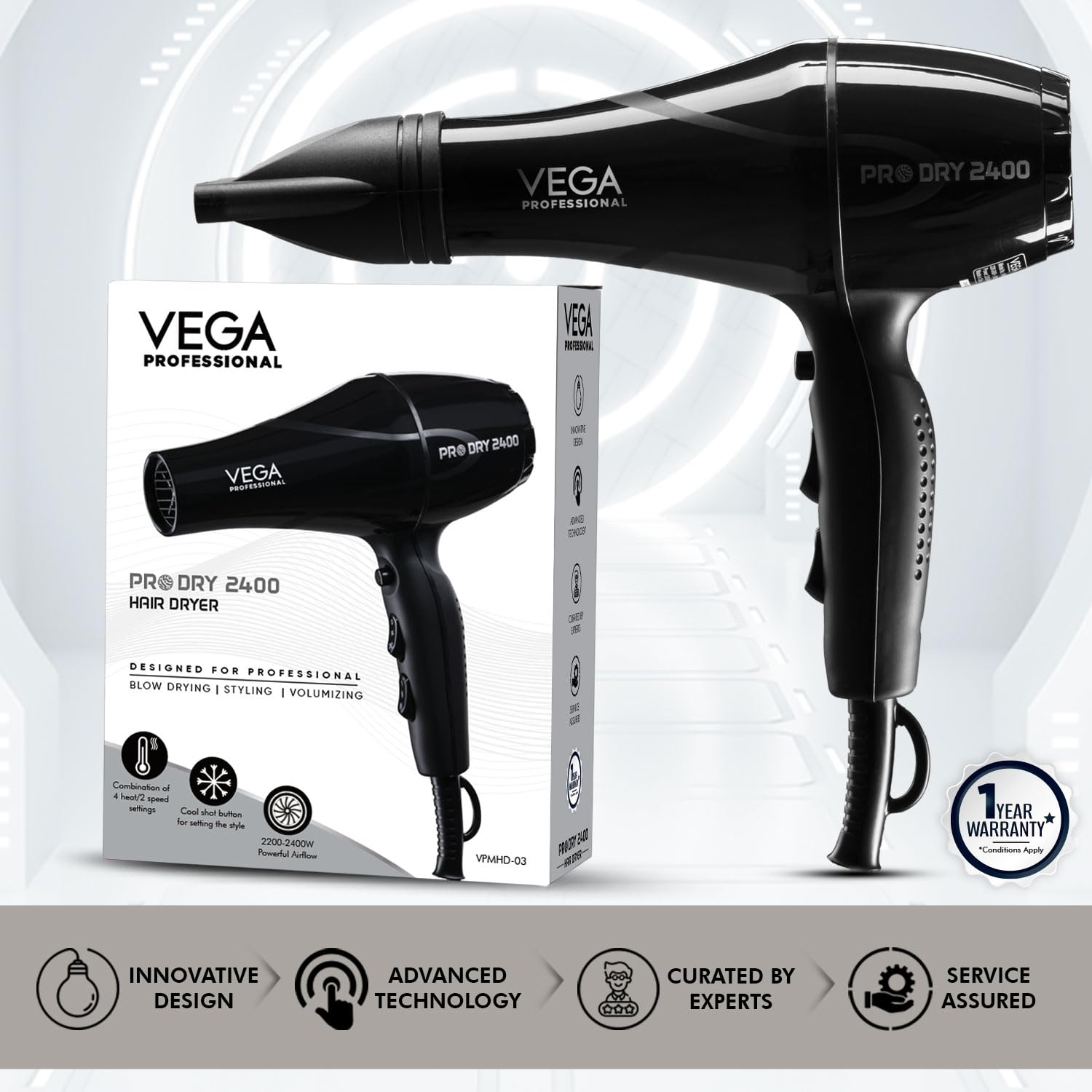 VEGA PROFESSIONAL Pro Dry 2400W Hair Dryer for Women & Men, Professional Blow Dryer with Cool Shot Button & Combination of 4 Heat & 2 Speed Settings, 16 Amp Plug, Salon Hair Styling at Home (VPMHD-03)
