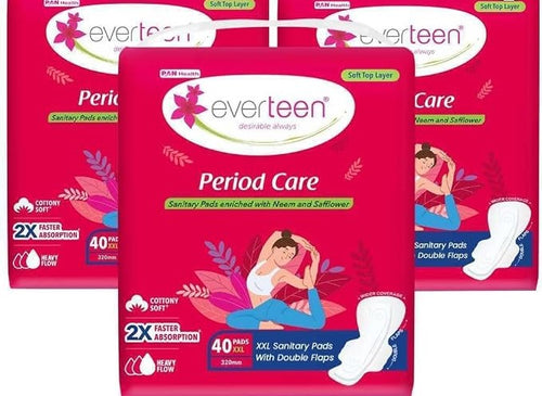 everteen XXL Soft Sanitary Pads for Women, Rash Free, Anti Tan, Skin Friendly, Double Wing Shape, Advanced Leak Protection, XX Large, 320mm - 3 Pack (40 Pads Each, 320mm)
