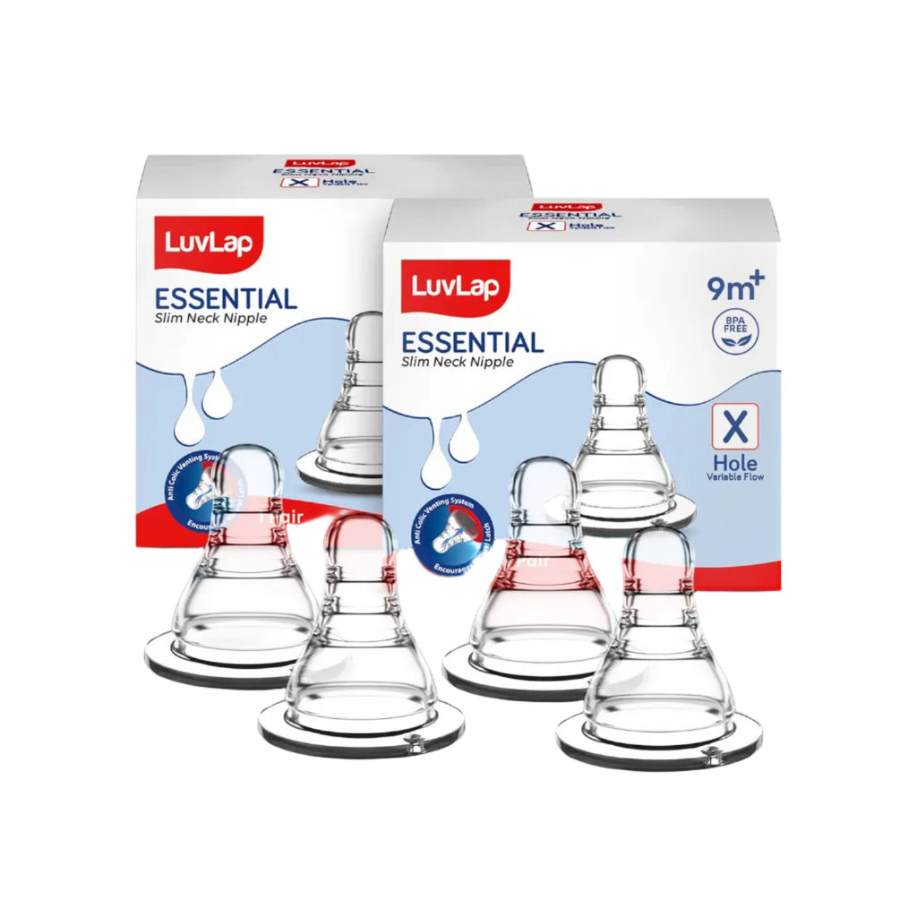 LuvLap Anti-Colic Essential Teat/Nipple for Slim Neck Bottle,4Pcs Variable Flow, 9M+, Made ofSoft & Flexible Silicone, Mimics Breastfeeding, Leak Proof, Bpa Free, Comes with Sturdy Base