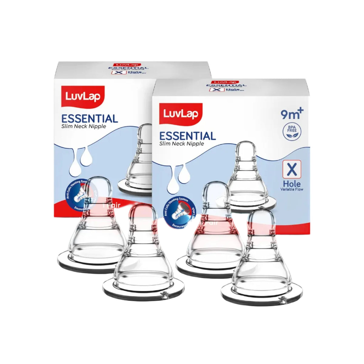 LuvLap Anti-Colic Essential Teat/Nipple for Slim Neck Bottle,4Pcs Variable Flow, 9M+, Made ofSoft & Flexible Silicone, Mimics Breastfeeding, Leak Proof, Bpa Free, Comes with Sturdy Base