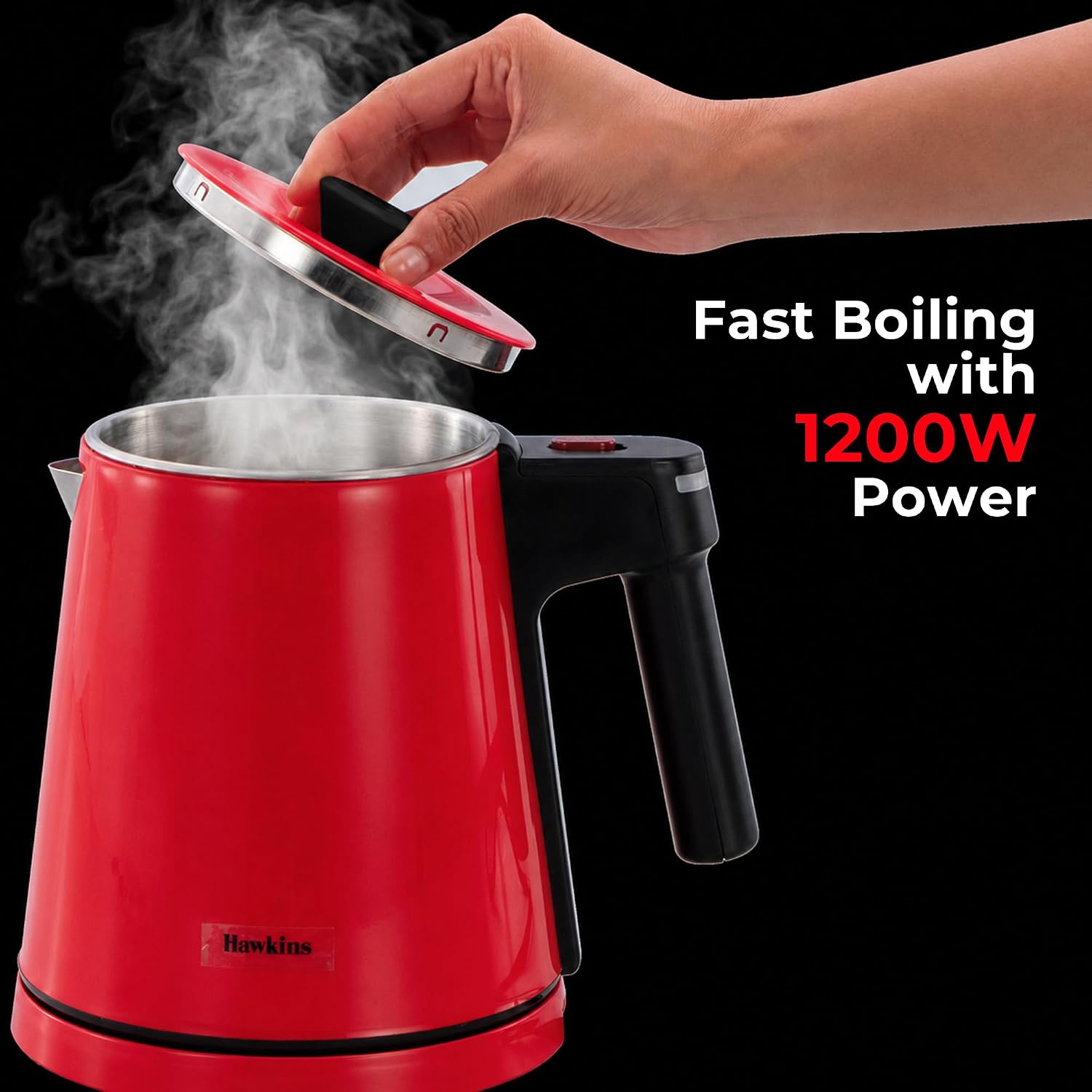 Hawkins Electric Red Kettle 1.2 Litre | 1200W | Cool Touch Body | Auto Cut-Off & Dry-Boil Protection | LED Indicator | Cord Storage | Red (HKT1R)