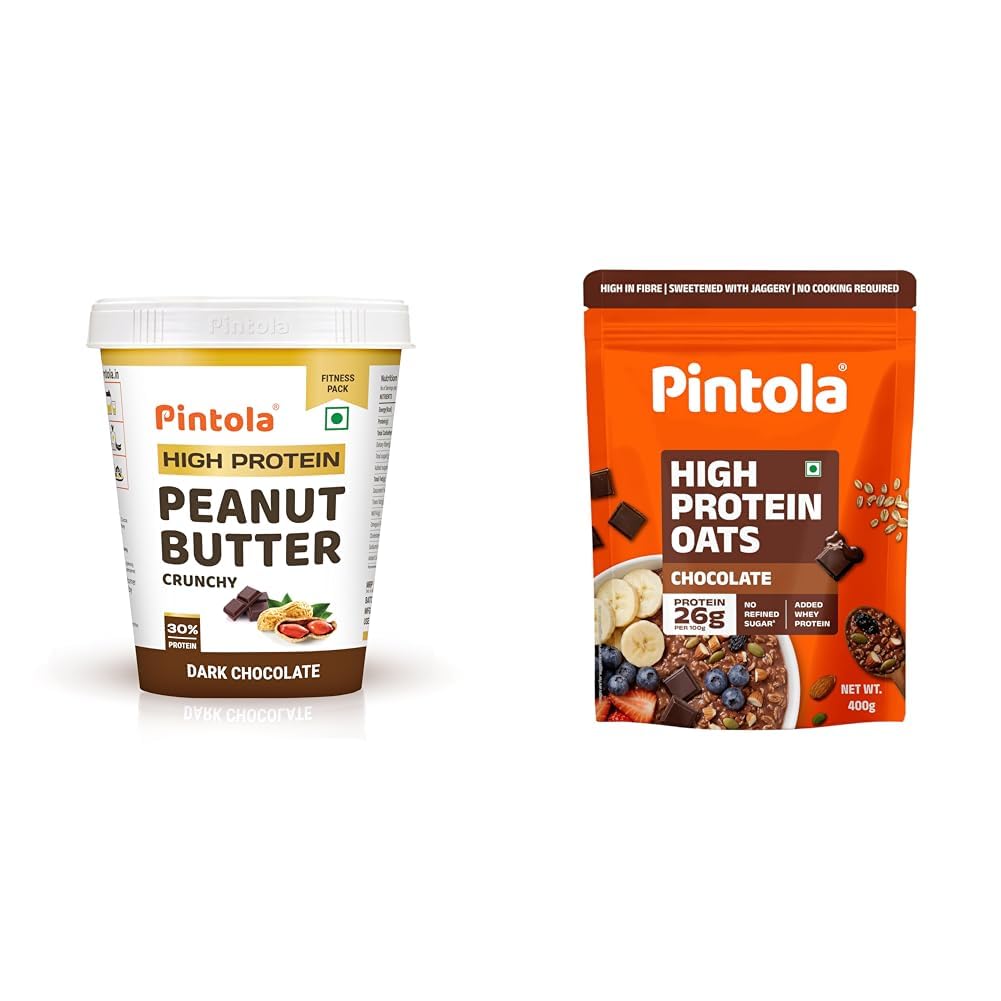 PINTOLA High Protein Peanut Butter Chocolate Flavour Crunchy 1kg, Added WHEY Protein, 30g + PINTOLA 25g High Protein Oats 400g, Dark Chocolate,No Refined...