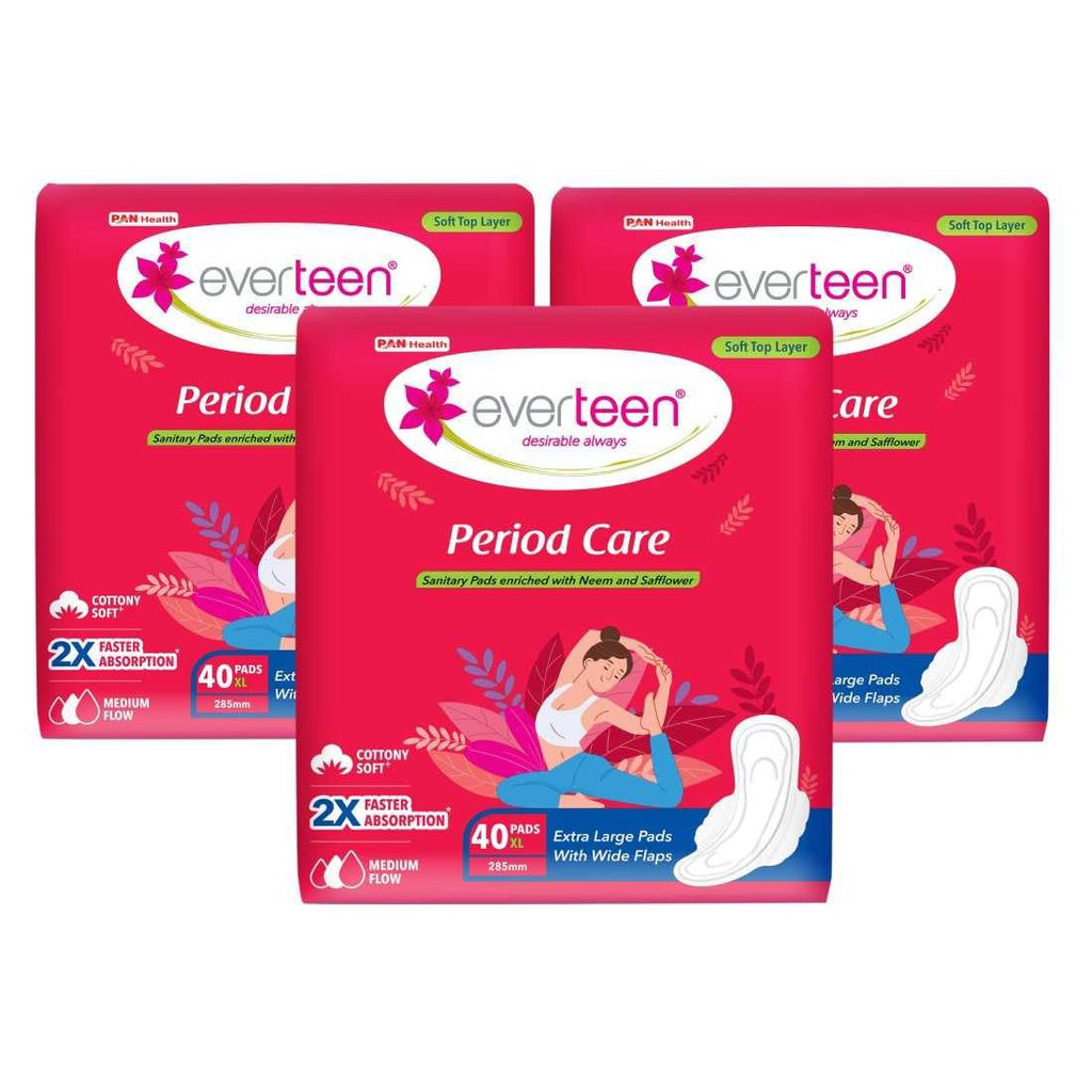 everteen sanitary pads XL 40 for Women, Enriched with Neem and Safflower, Rash Free Period Pads For Medium Flow, Locks Odour & Wetness - 3 Packs (40 Pads Each)