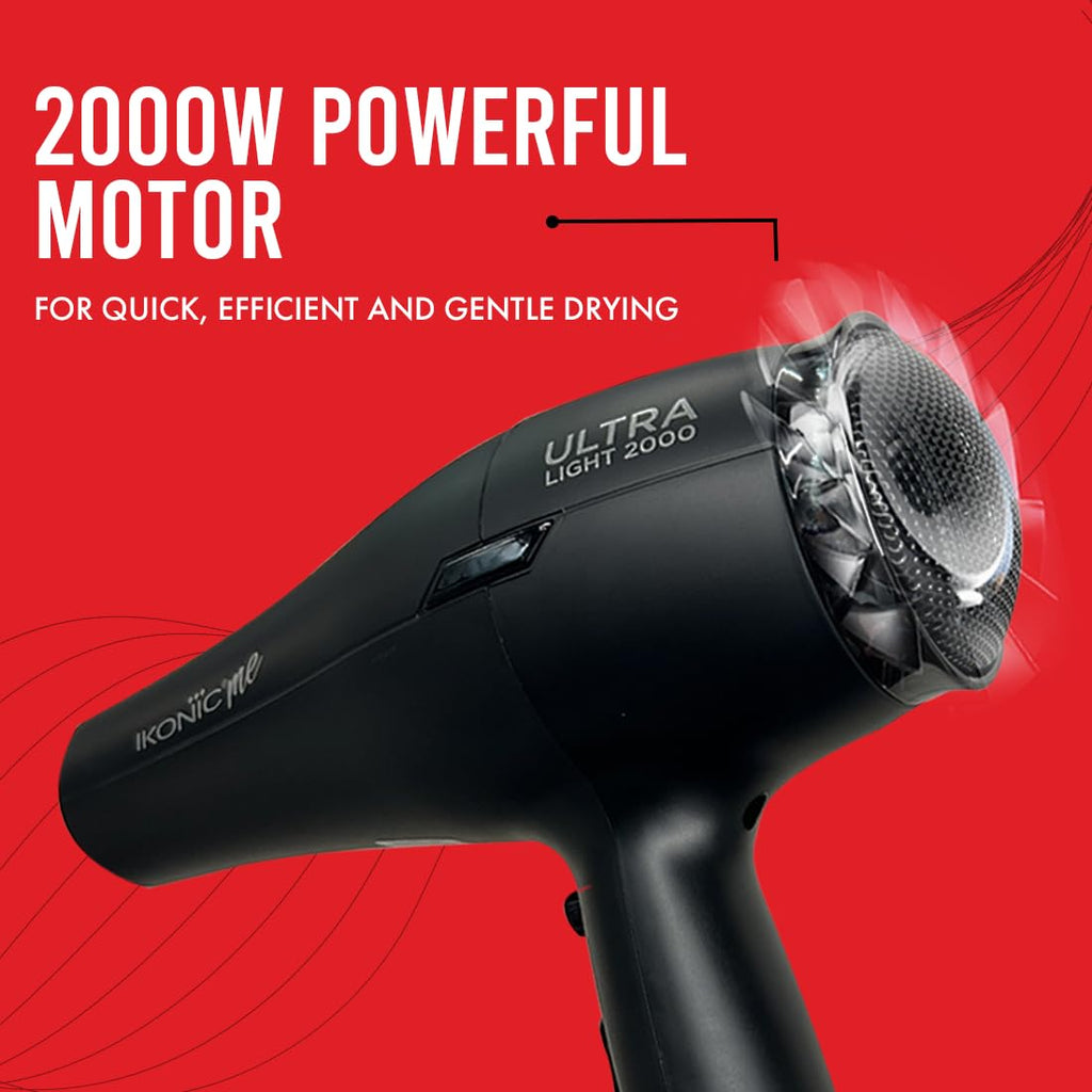 Ikonic Me Ultralight Professional Hair Dryer 2000 Watts With Nozzle, Diffuser, Hot And Cold Air Feauture, 2 Speed 3 Heat Settings With Cool Shot, Hanging Loop, For Both Men And Women, Suitable For All Hair Types, 1 Yr Warranty Black