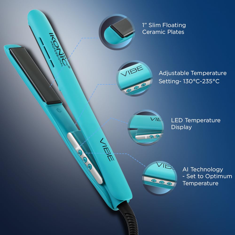 Ikonic Professional Vibe Hair straightener-Teal | Straightener with AI Technology| Ceramic Floating Plates| Ionic Technology| Easy to Use
