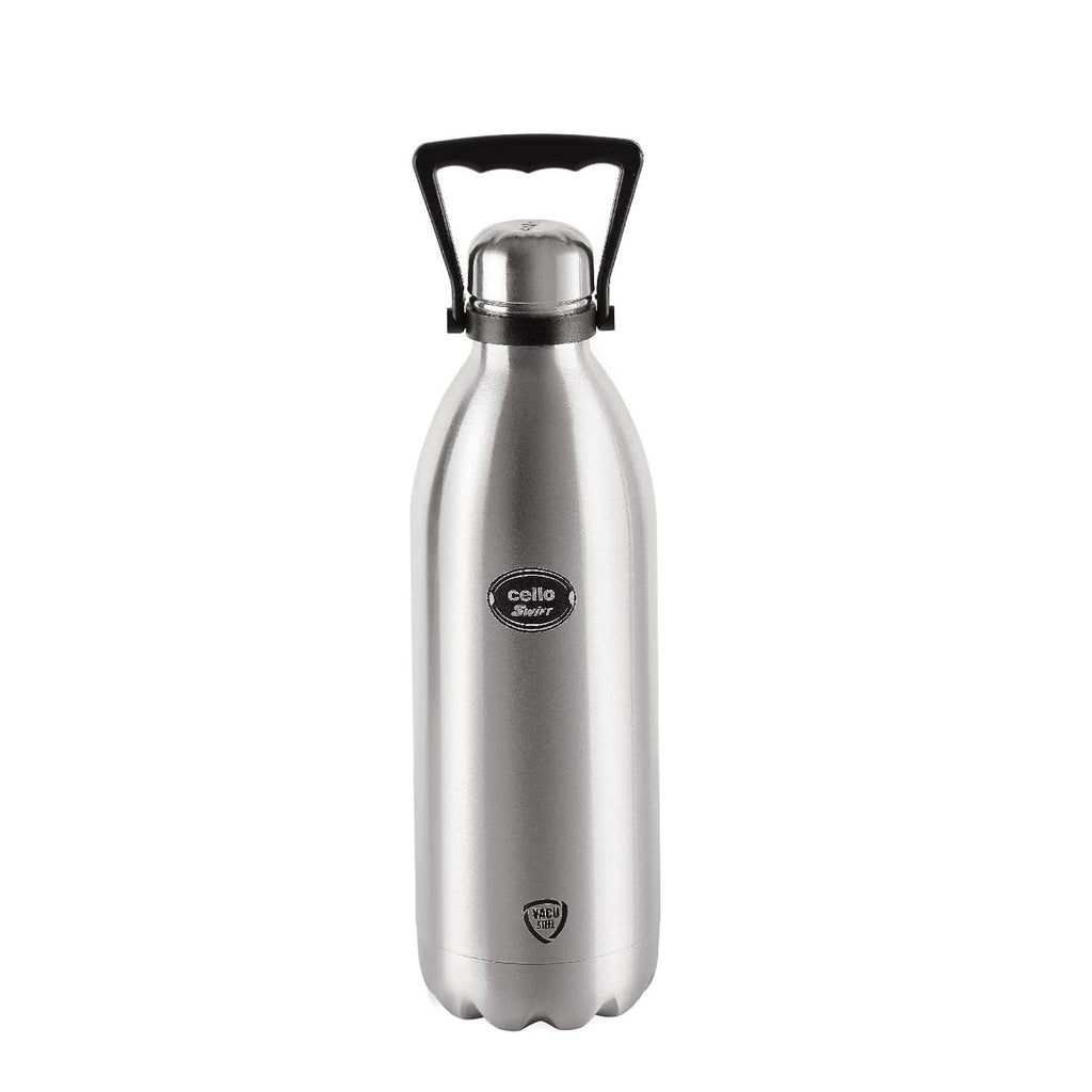 CELLO Swift Stainless Steel Hot and Cold Water Bottle 2000 ml Silver | ISI Certified Spillproof Leakproof Screw Lid Double Wall Vacuum Insulated Thermos Flask Water Bottle for Home Office Gym Travel
