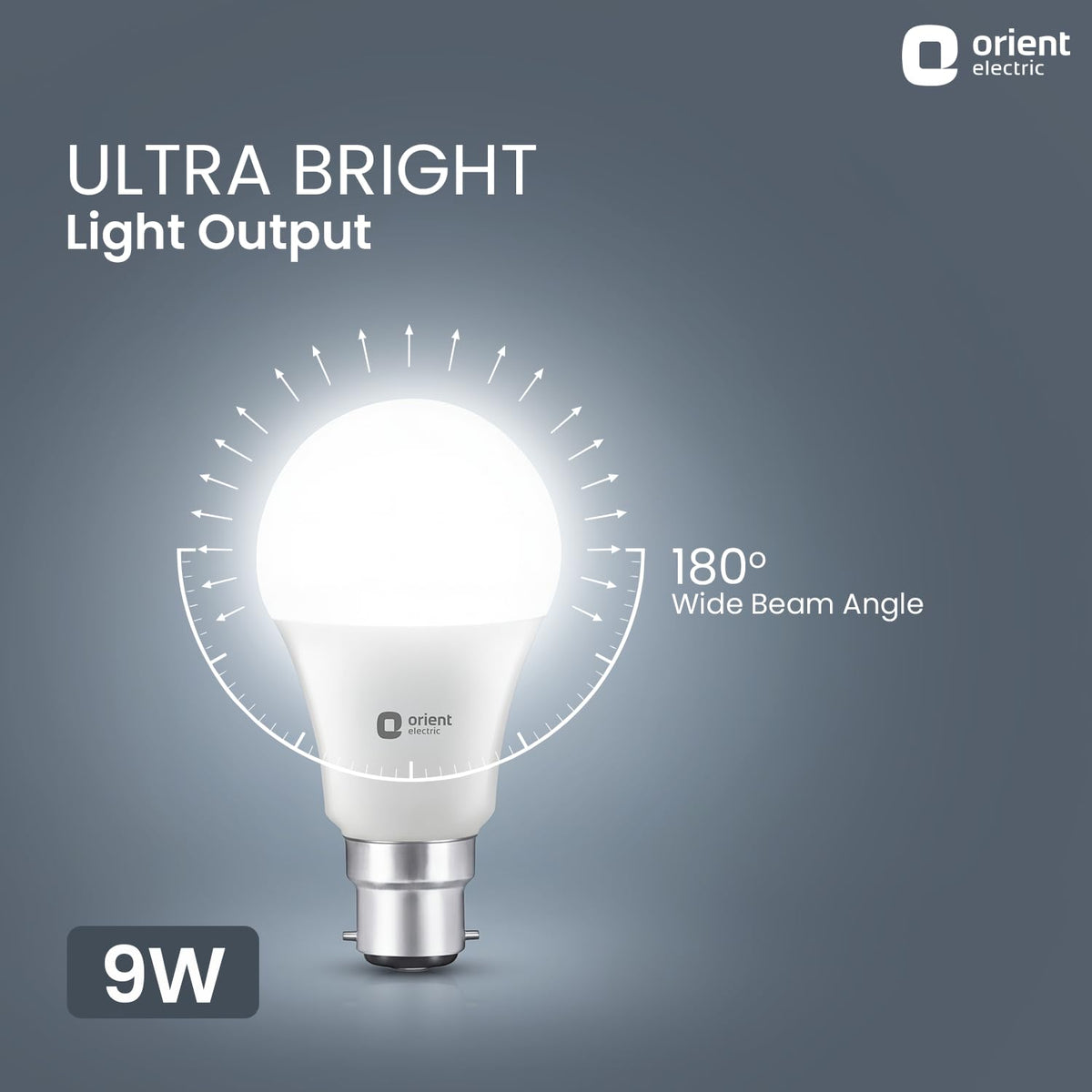 Orient Electric 9W High Glow LED bulb| 180-degree wide beam angle| Voltage surge protection up to 4 kV| 6500K, Cool White| B22d base| Made in India| Pack of 8