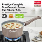 Prestige Ceraglide Duo Sauce pan 16Cm/1.4L with Glass Lid Non-Stick Ceramic Coating|Works On Gas & Induction|High Heating|Cool Touch Handle|Grey