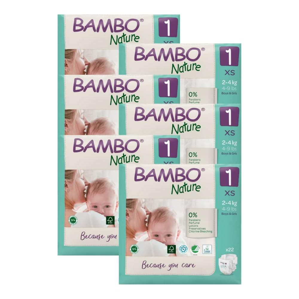 Bambo Nature Premium Baby Tape Diapers for New Born Baby XS Size (2-4 Kgs) - Super Absorbent, Breathable, Extra Soft, Dermatologically Tested, Hypoallergenic Nappies With Wetness Indicator, 132 Count (66 Count, Pack of 2)