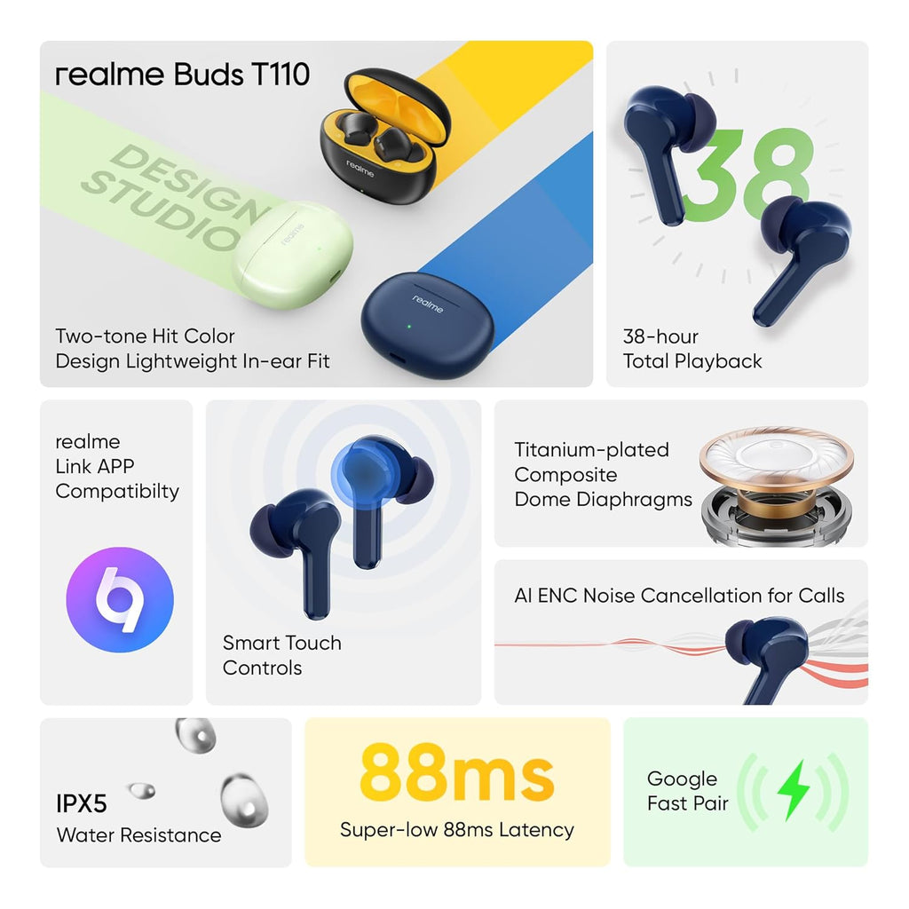 realme Buds T110 Bluetooth Truly Wireless in Ear Earbuds with mic, AI ENC for Calls, Google Fast Pair, 38 Hours Total Playback with Fast Charging and Low Latency Gaming Mode (Jazz Blue)