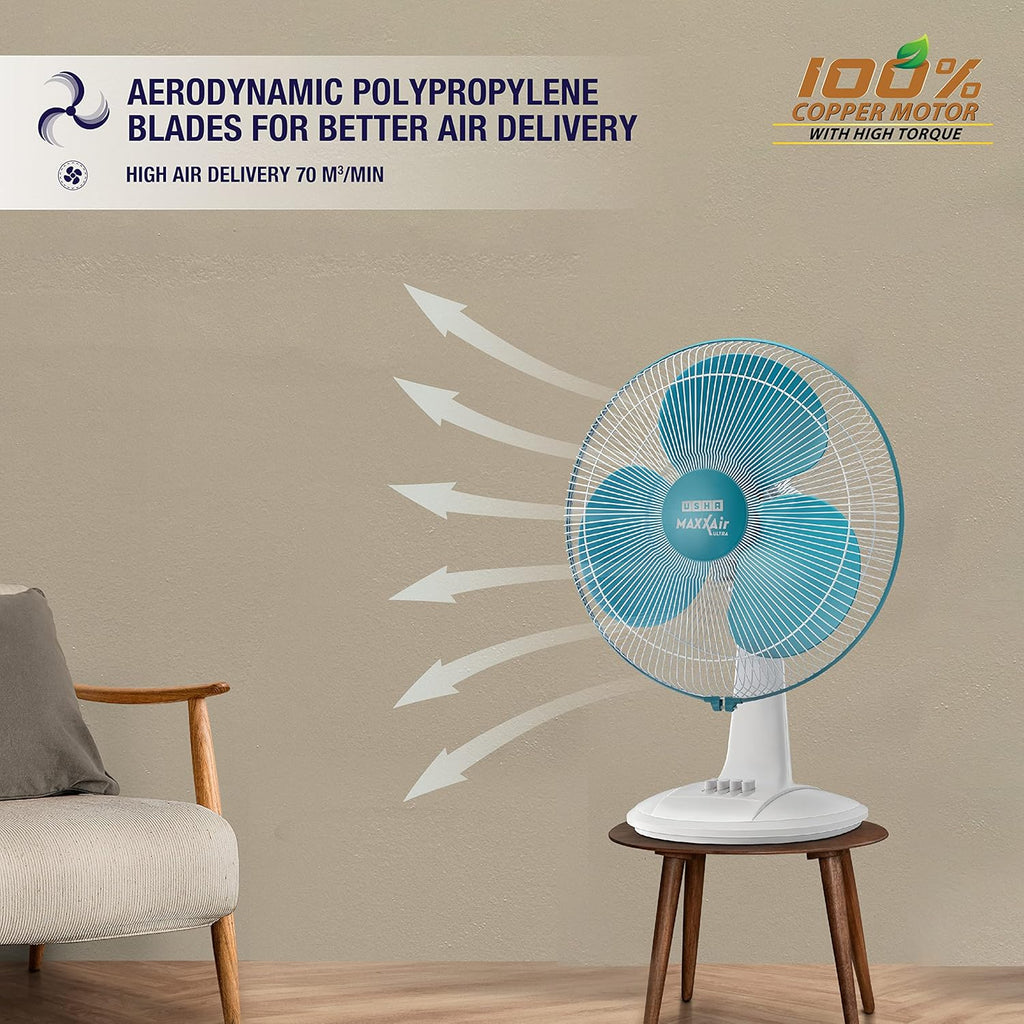 USHA Maxx Air Ultra Table Fan | 400MM Sweep Size | 1350_RPM | Aerodynamic Blade Design for High Air Delivery | Corrosion Protection with Plastic Blades | 3 Speed Settings | Light Blue