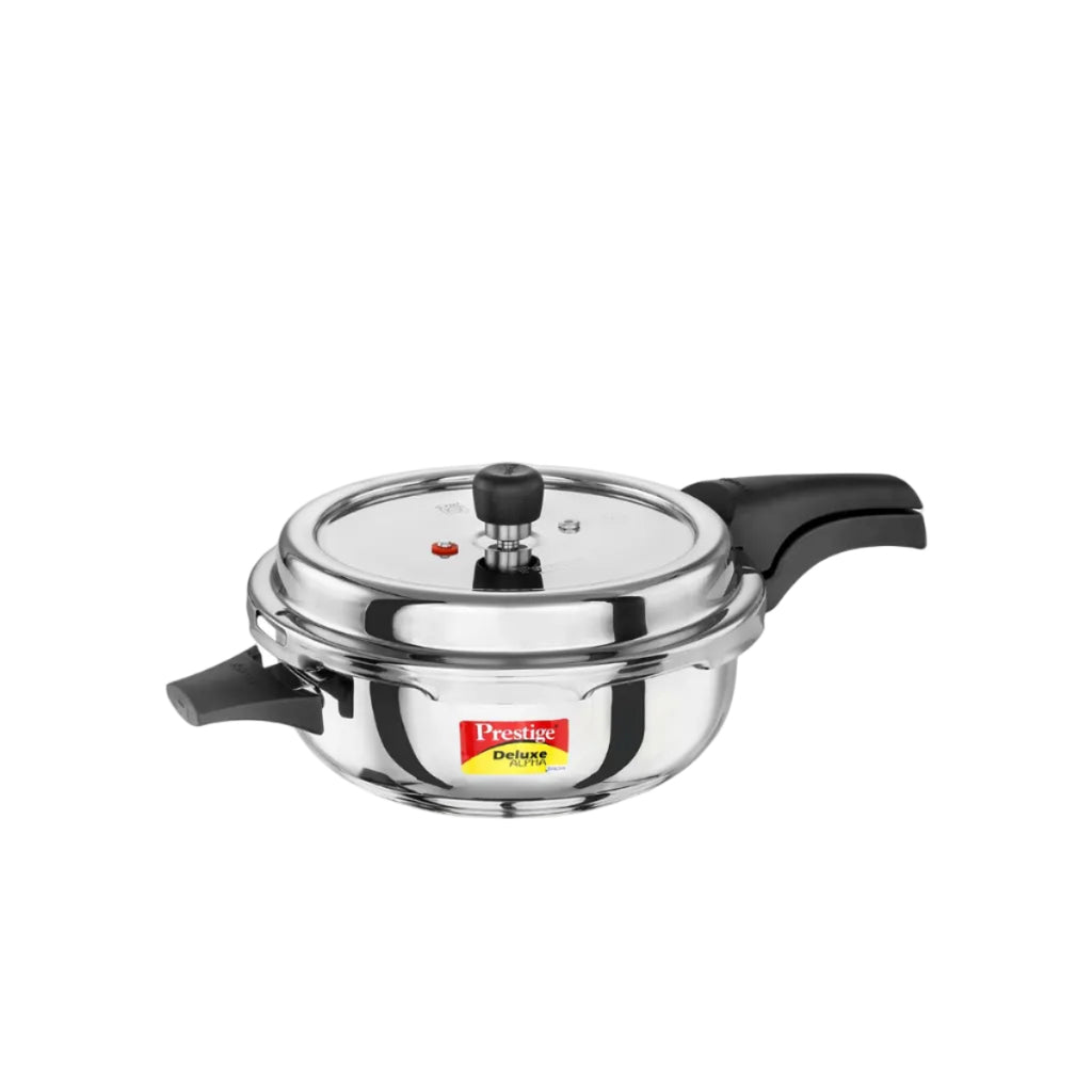 Prestige 4 Litre Stainless Steel Deluxe Alpha Svachh Outer Lid Senior Pressure Pan Cooker | 10Y Warranty| Deep Lid for Spillage Control | TRIPLY Base | GRS | Gas & Induction Compatible | ISI