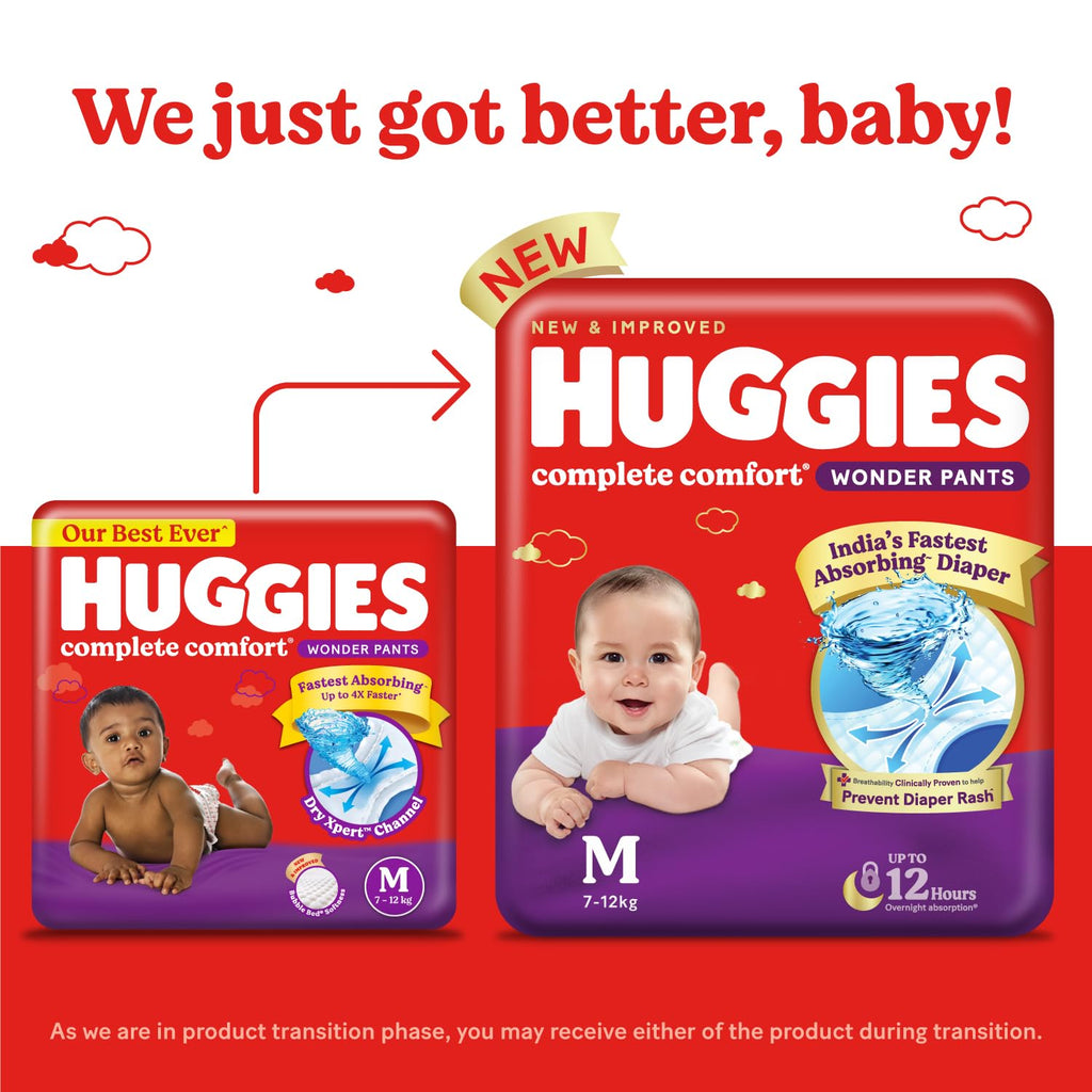 Huggies Complete Comfort Wonder Pants | Pant Style Baby Diapers Medium Size (M), 100 Count | India's Fastest Absorbing Diaper, Prevents Diaper Rash, Ideal for 7 to 12 Kgs (50 Count, Pack of 2)