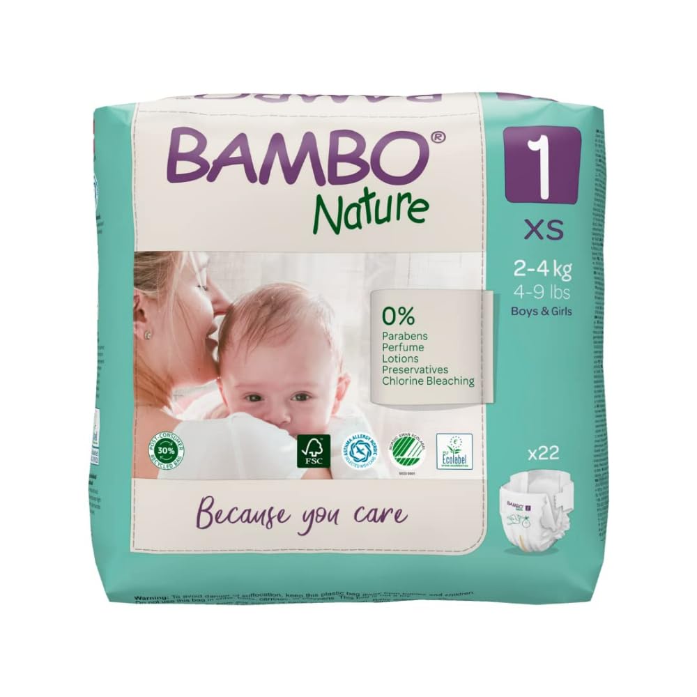 Bambo Nature Premium Baby Tape Diapers for New Born Baby XS Size (2-4 Kgs) - Super Absorbent, Breathable, Extra Soft, Dermatologically Tested, Hypoallergenic Nappies With Wetness Indicator, 132 Count (66 Count, Pack of 2)
