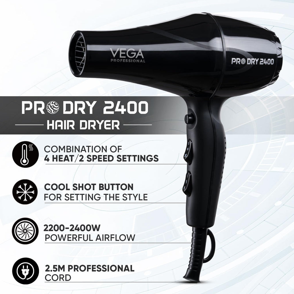 VEGA PROFESSIONAL Pro Dry 2400W Hair Dryer for Women & Men, Professional Blow Dryer with Cool Shot Button & Combination of 4 Heat & 2 Speed Settings, 16 Amp Plug, Salon Hair Styling at Home (VPMHD-03)