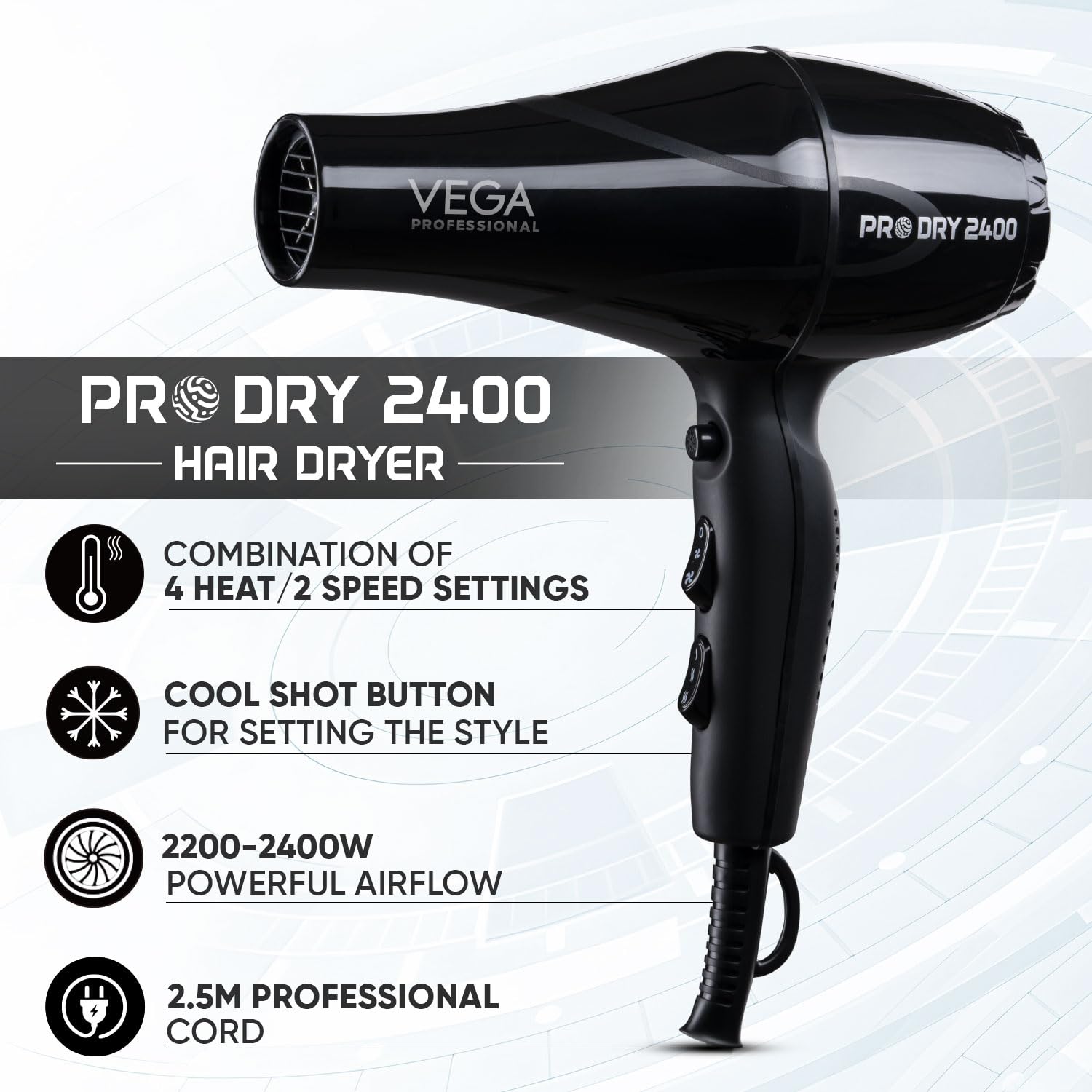VEGA PROFESSIONAL Pro Dry 2400W Hair Dryer for Women & Men, Professional Blow Dryer with Cool Shot Button & Combination of 4 Heat & 2 Speed Settings, 16 Amp Plug, Salon Hair Styling at Home (VPMHD-03)
