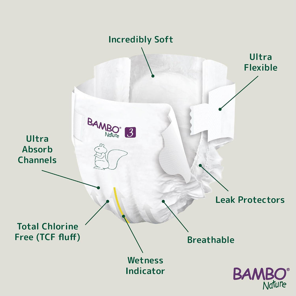 Bambo Nature Premium Baby Tape Diapers for Baby Medium Size (4-8 Kgs) - Super Absorbent, Breathable, Extra Soft, Dermatologically Tested, Hypoallergenic Infant Nappies With Wetness Indicator, 28 Count