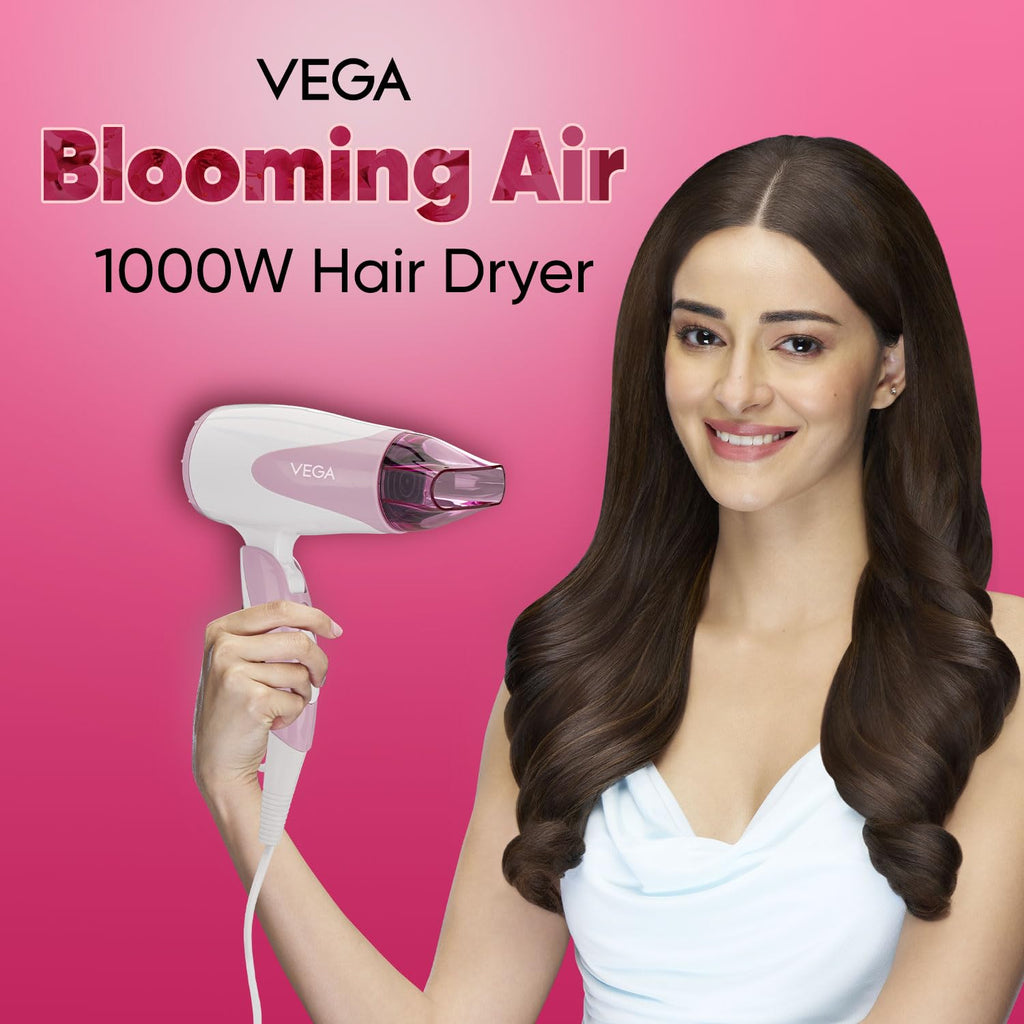 VEGA Blooming Air Foldable 1000-1200 Watts Hair Dryer for Women with Flexible Heat Setting & Detachable Nozzle,Automatic Overheat Cutout,Compact Quick Dry Blow Dryer(VHDH-05),(Made in India)