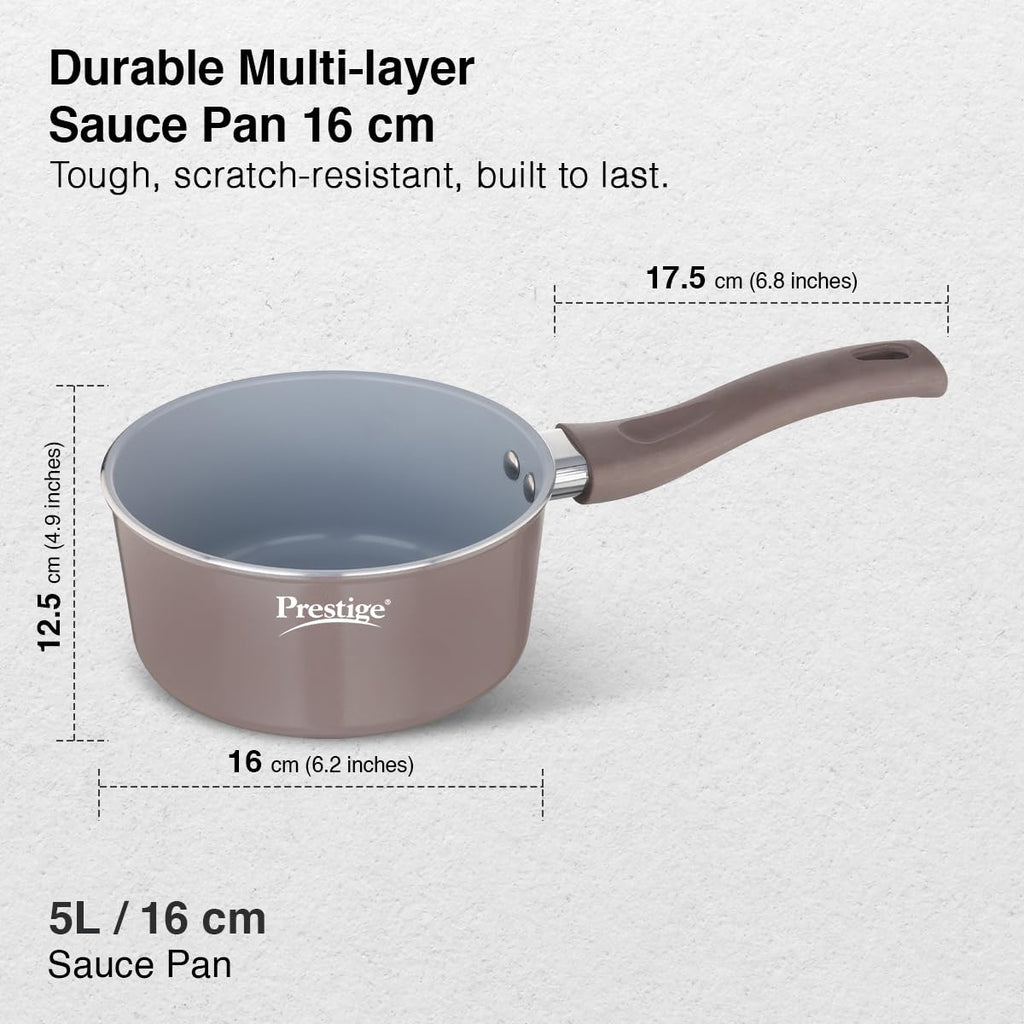 Prestige Ceraglide Duo Sauce pan 16Cm/1.4L with Glass Lid Non-Stick Ceramic Coating|Works On Gas & Induction|High Heating|Cool Touch Handle|Grey