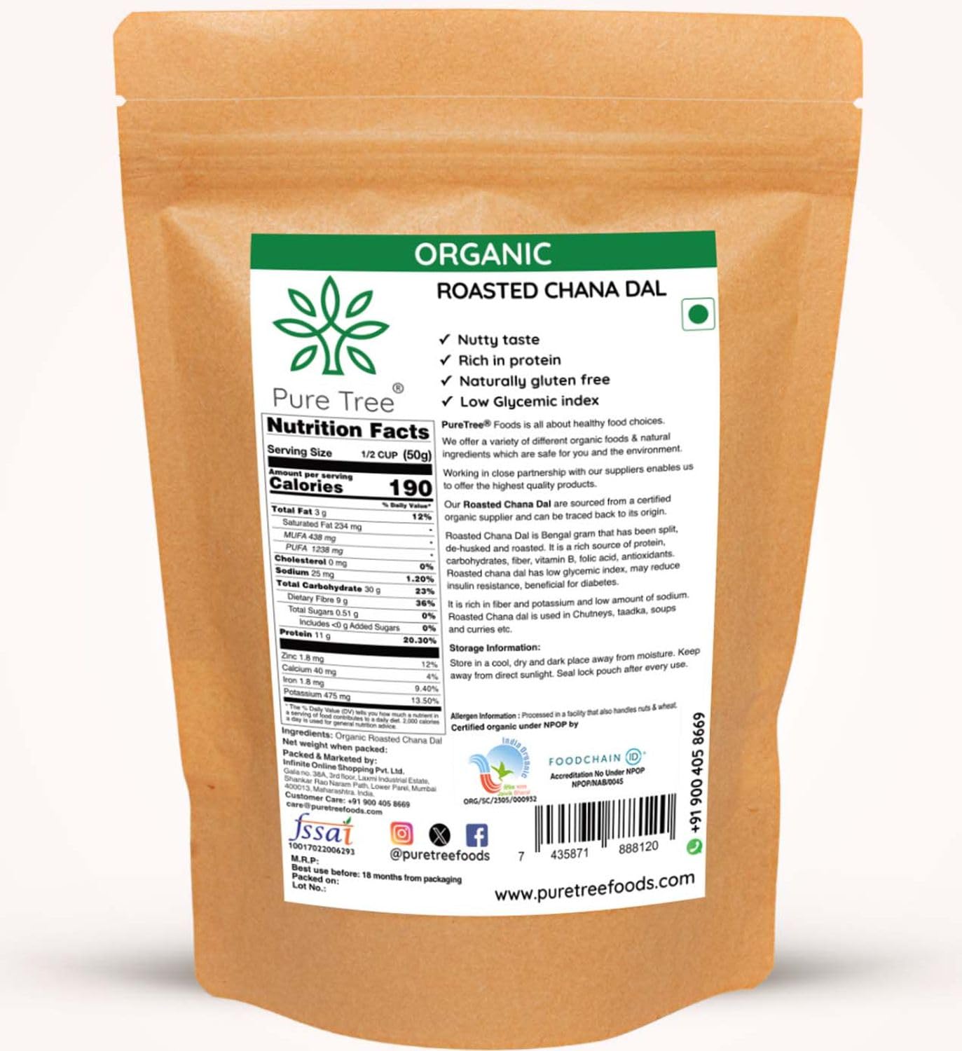 Pure Tree Certified Organic Rosted Chana Dal | 200 g