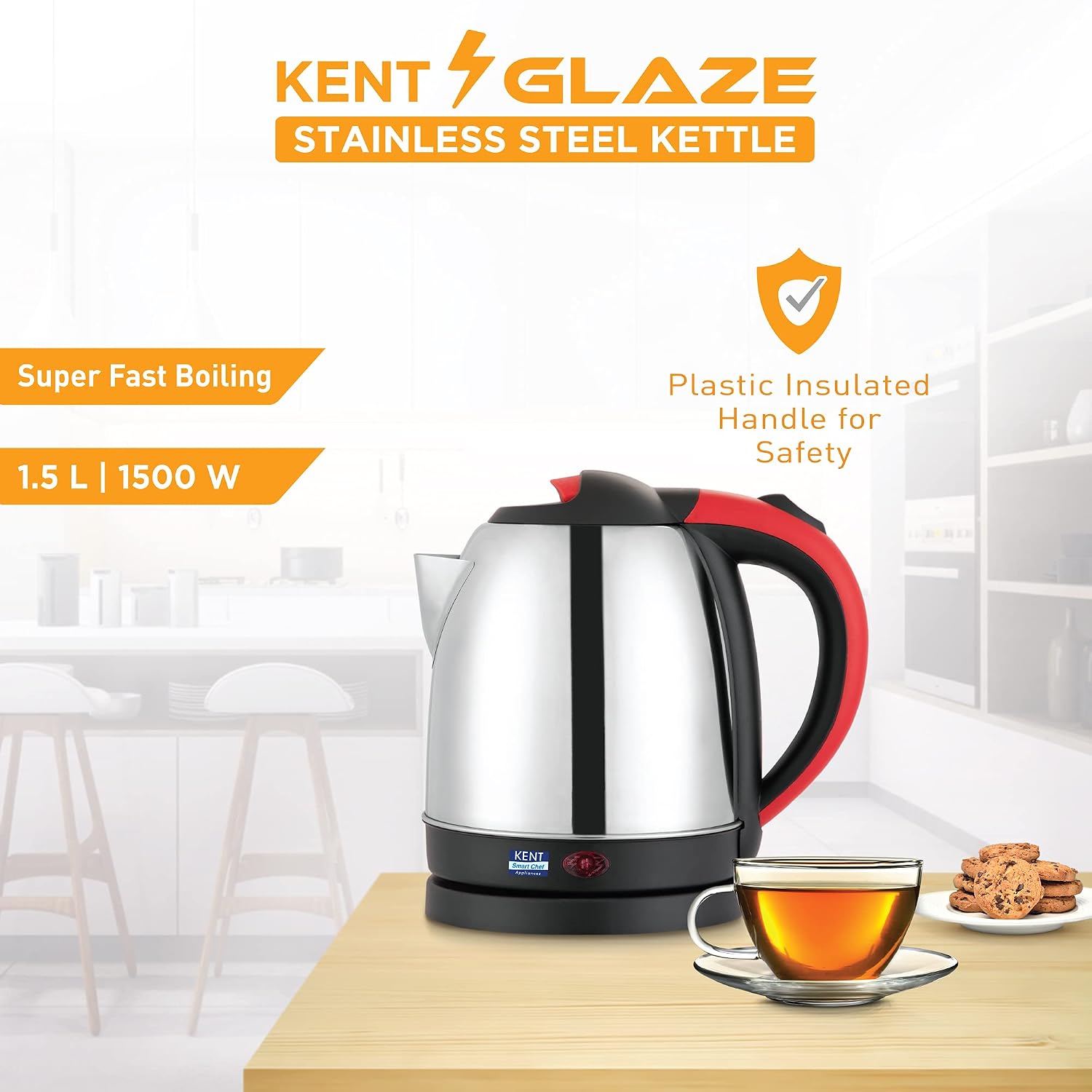 KENT 16097 Glaze Electric Steel Kettle 1.5 L 1500 W | Stainless Steel body | Overheating Protection | Plastic Insulated handle | 360° Rotating Base | Water Level Indicator | 1 Year Warranty