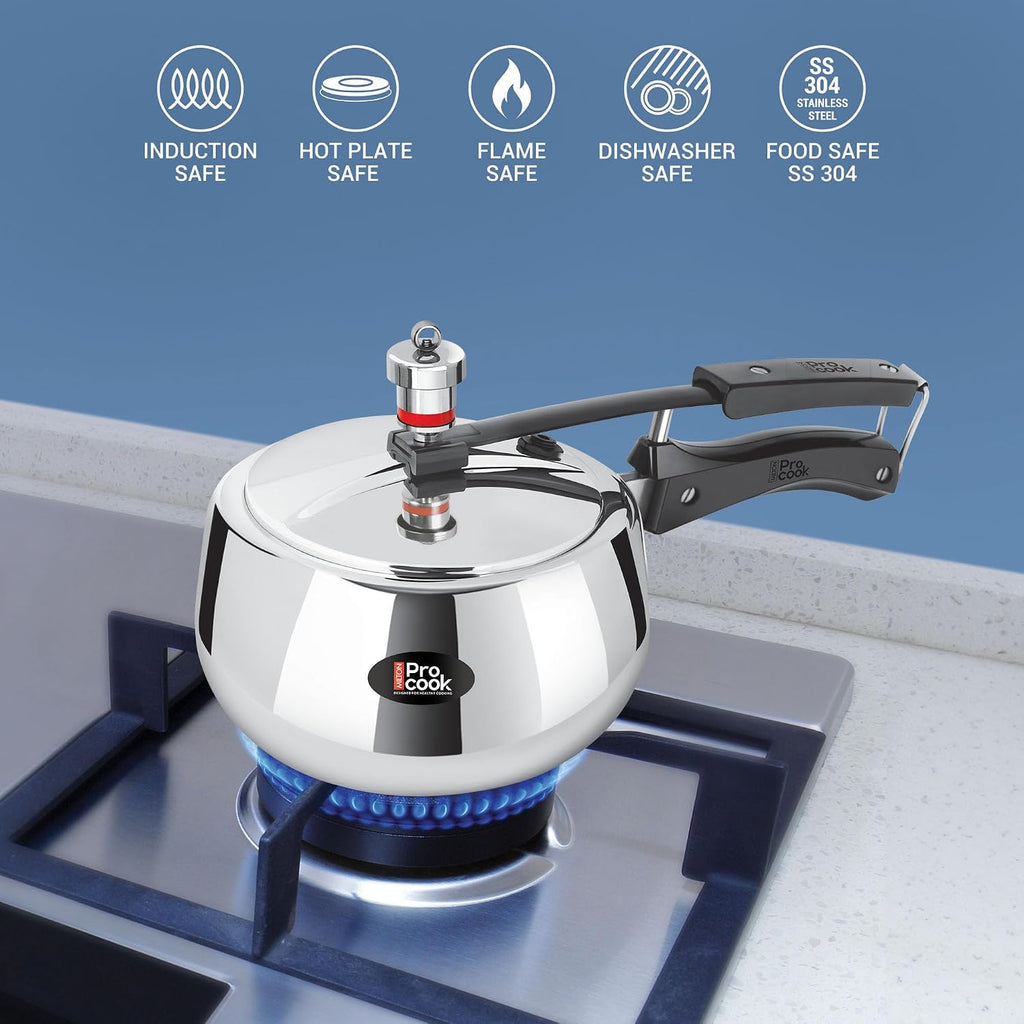 Milton Pro Cook Induction Cookware & Gas Stove Friendly Triply Stainless Steel Curve Pressure Cooker with Inner Lid 2 Litre | Gasket Release System | Hot Plate & Flame Safe | 5 Year Warranty | Silver