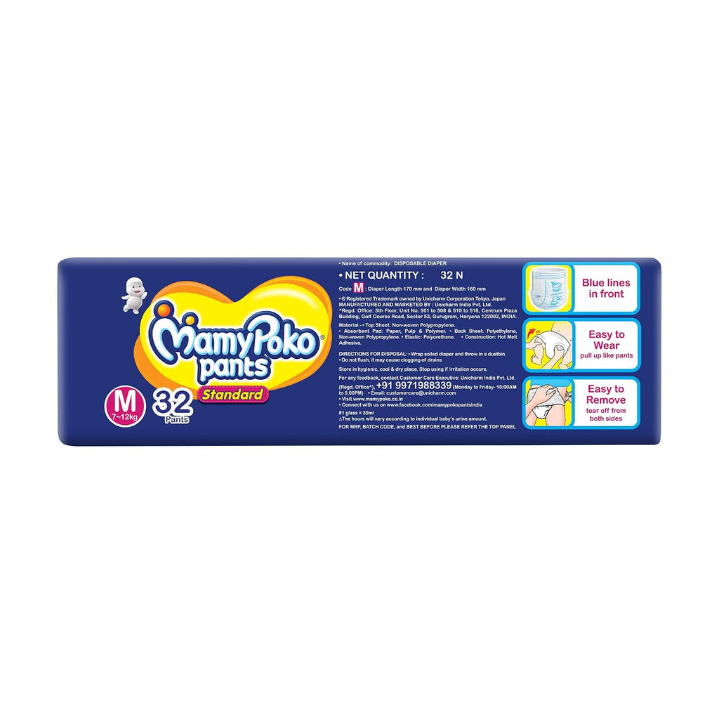 MamyPoko Pants Standard Baby Diapers, Medium (M), 32 Count, 7-12 kg