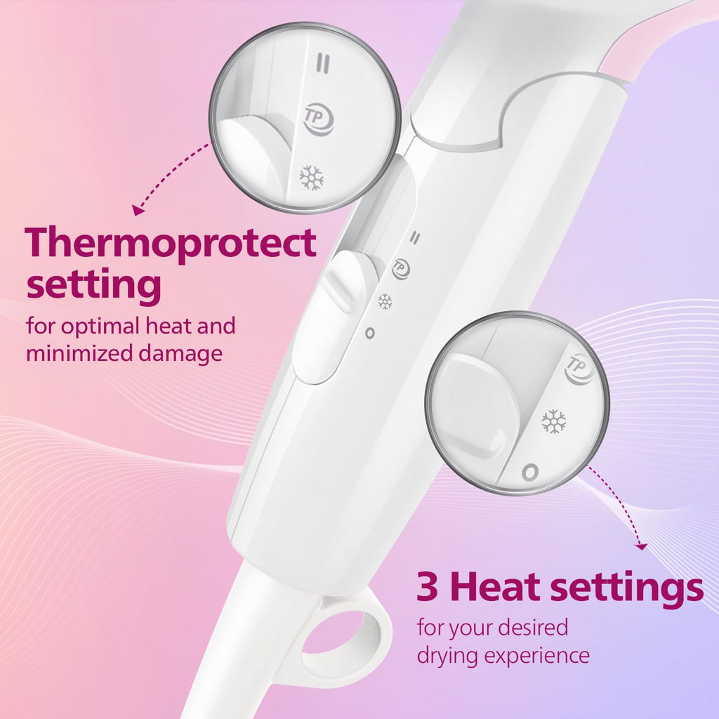Philips India's No.1 Hair Styling Brand - Foldable Hair Dryer | 1200W | Fast Blow Dry | 2 Heat Settings | ThermoProtect Tech |Travel-Friendly, Quick Dry | Frizz Control For Indian Hair | HP8120