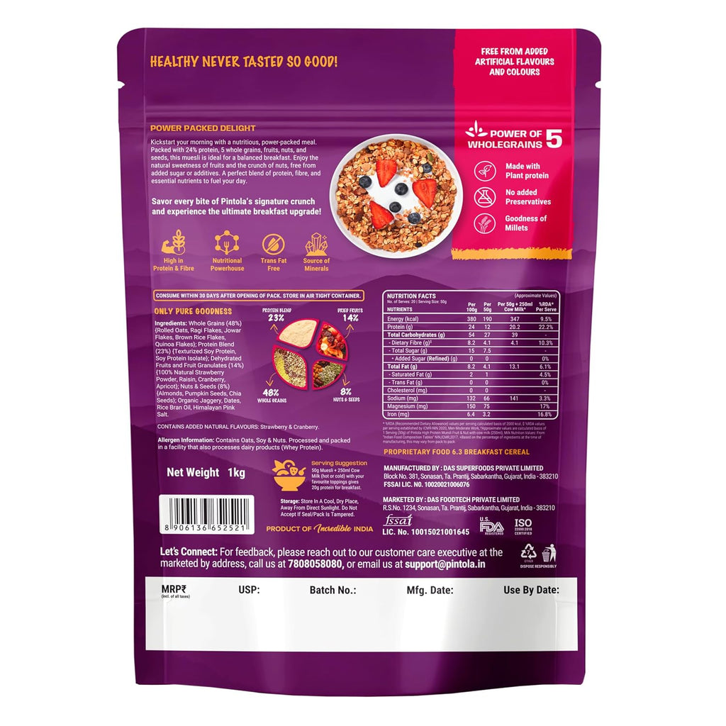 Pintola 25g High Protein Muesli, Fruit & Nut, 1kg | Gluten-Free, Naturally Sweetened with Organic Jaggery & Dates, 22% Fruits, Nuts & Seeds, No Refined Sugar, Healthy Breakfast Cereal (Pack of 2)