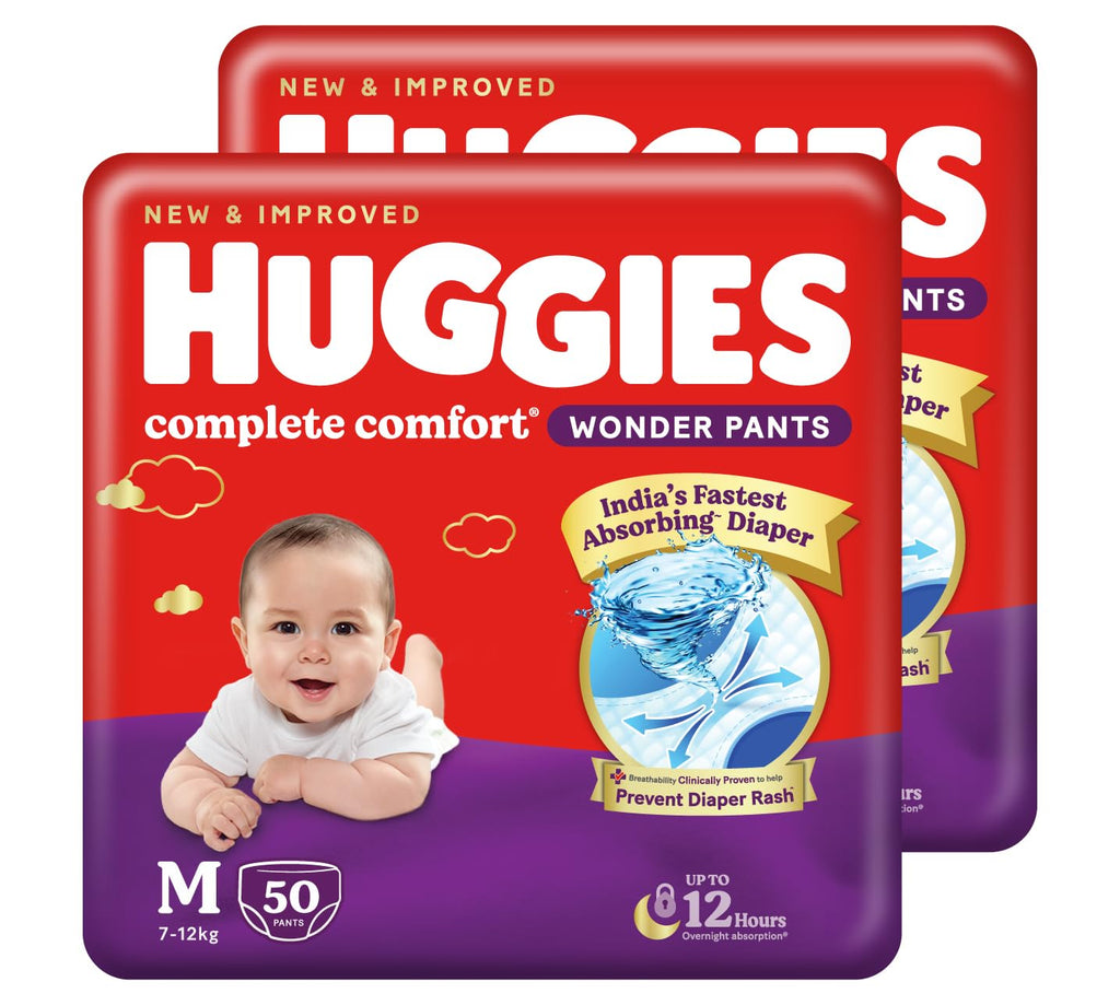 Huggies Complete Comfort Wonder Pants | Pant Style Baby Diapers Medium Size (M), 100 Count | India's Fastest Absorbing Diaper, Prevents Diaper Rash, Ideal for 7 to 12 Kgs (50 Count, Pack of 2)