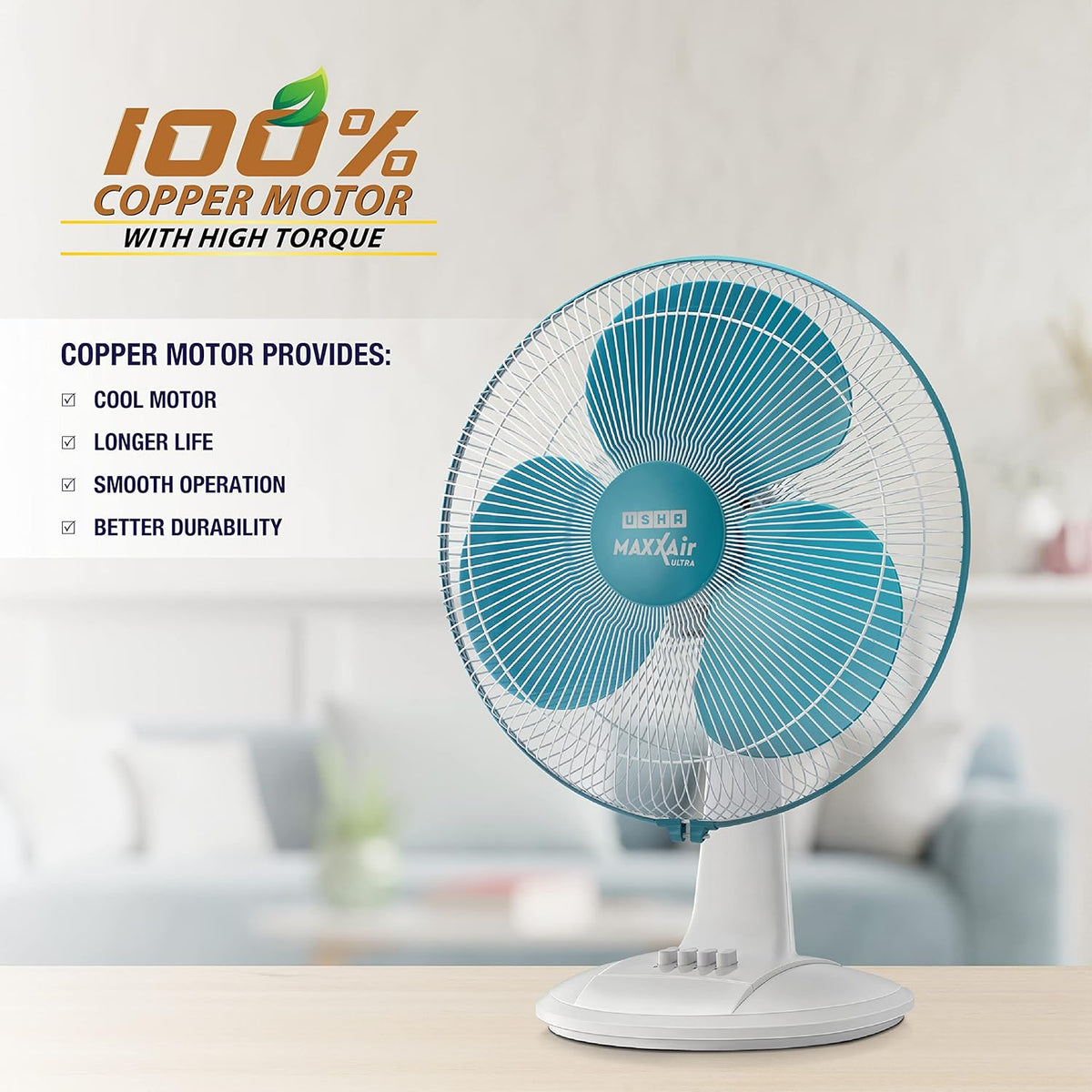 USHA Maxx Air Ultra Table Fan | 400MM Sweep Size | 1350_RPM | Aerodynamic Blade Design for High Air Delivery | Corrosion Protection with Plastic Blades | 3 Speed Settings | Light Blue