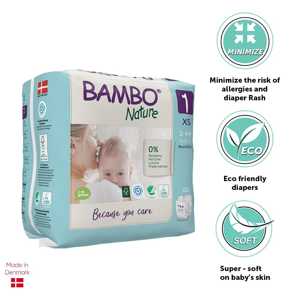 Bambo Nature Premium Baby Tape Diapers for New Born Baby XS Size (2-4 Kgs) - Super Absorbent, Breathable, Extra Soft, Dermatologically Tested, Hypoallergenic Nappies With Wetness Indicator, 132 Count (66 Count, Pack of 2)
