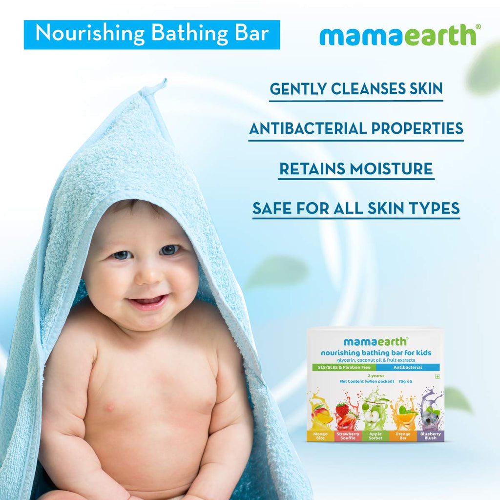 Mamaearth Fruit based Nourishing Clear Bathing Bar Baby Antibacterial Soap with Glycerine,SLS & paraben Free, For 2+ years age Kids | 75g x 5