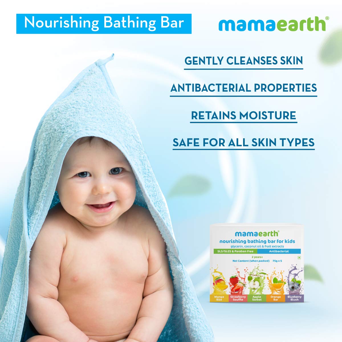 Mamaearth Fruit based Nourishing Clear Bathing Bar Baby Antibacterial Soap with Glycerine,SLS & paraben Free, For 2+ years age Kids | 75g x 5