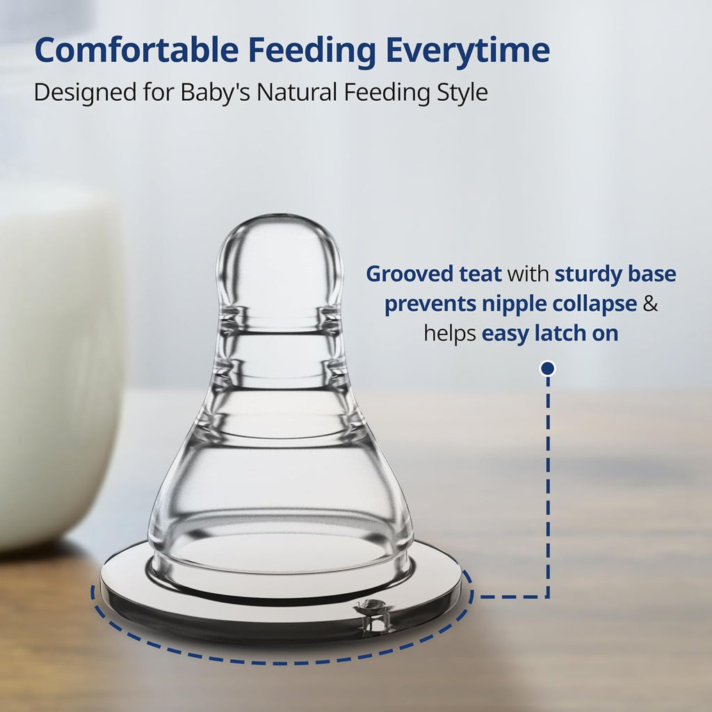 LuvLap Anti-Colic Essential Teat/Nipple for Slim Neck Bottle,4Pcs Variable Flow, 9M+, Made ofSoft & Flexible Silicone, Mimics Breastfeeding, Leak Proof, Bpa Free, Comes with Sturdy Base