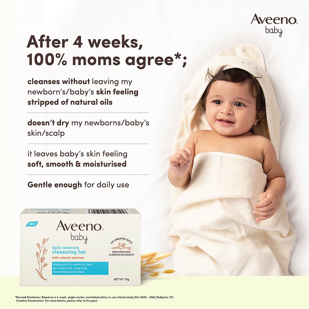 Aveeno Baby Daily Moisture Cleansing Bar 75g (Pack of 15) | With natural Oatmeal, Glycerin and Shea Butter | Co-created with Pediatricians and Dermatologists for newborn sensitive skin | pH balanced, free of soap, parabens sulfates and phthalates
