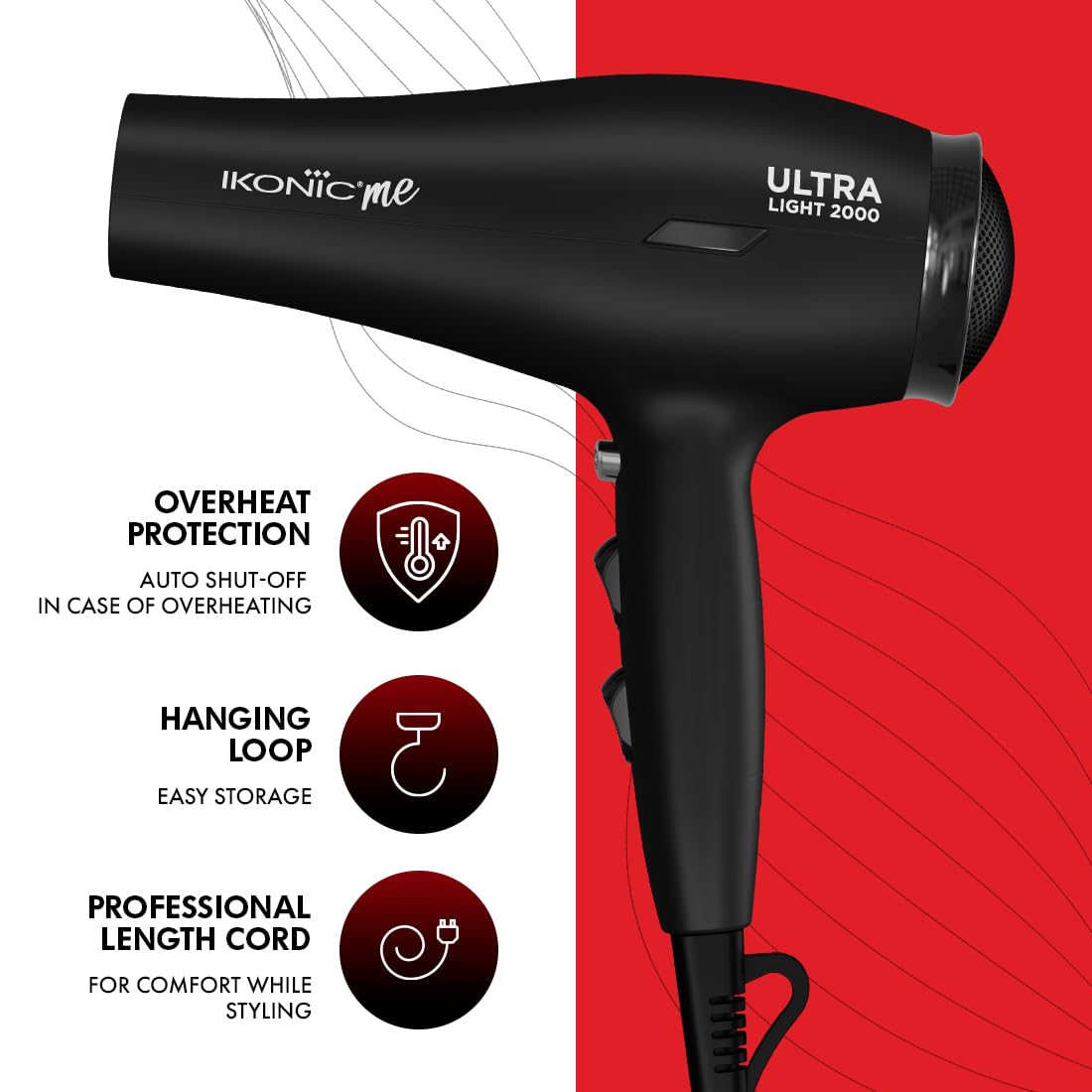 Ikonic Me Ultralight Professional Hair Dryer 2000 Watts With Nozzle, Diffuser, Hot And Cold Air Feauture, 2 Speed 3 Heat Settings With Cool Shot, Hanging Loop, For Both Men And Women, Suitable For All Hair Types, 1 Yr Warranty Black
