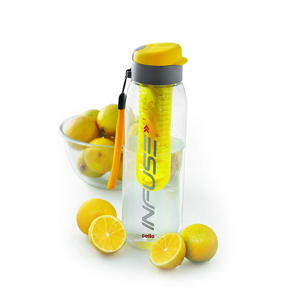 CELLO Infuse Water Bottle 800ml, Yellow | Food Grade Unbreakable Detox Bottle with Infuser Chamber | Reusable Leakproof Lightweight Easy to Carry Fridge Pet Bottle For Home, Gym & Outdoor Hydration