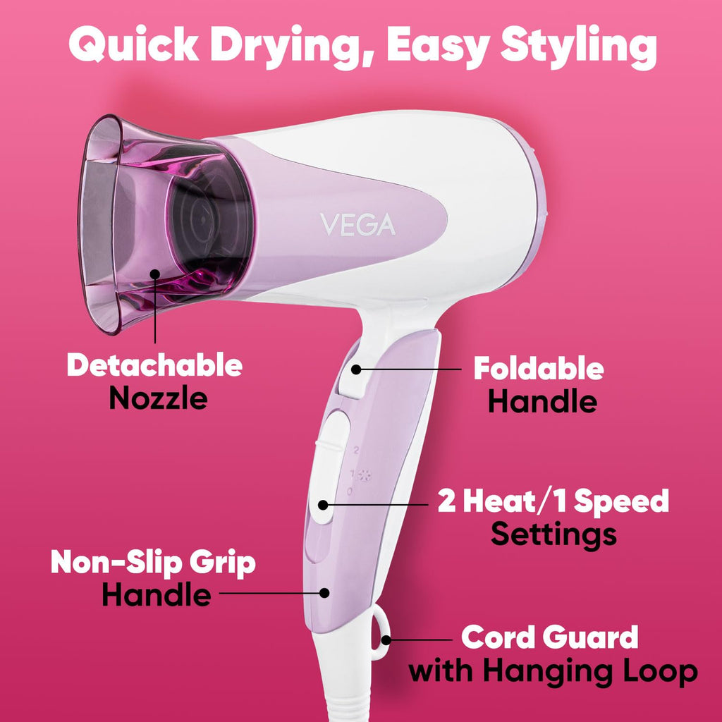 VEGA Blooming Air Foldable 1000-1200 Watts Hair Dryer for Women with Flexible Heat Setting & Detachable Nozzle,Automatic Overheat Cutout,Compact Quick Dry Blow Dryer(VHDH-05),(Made in India)
