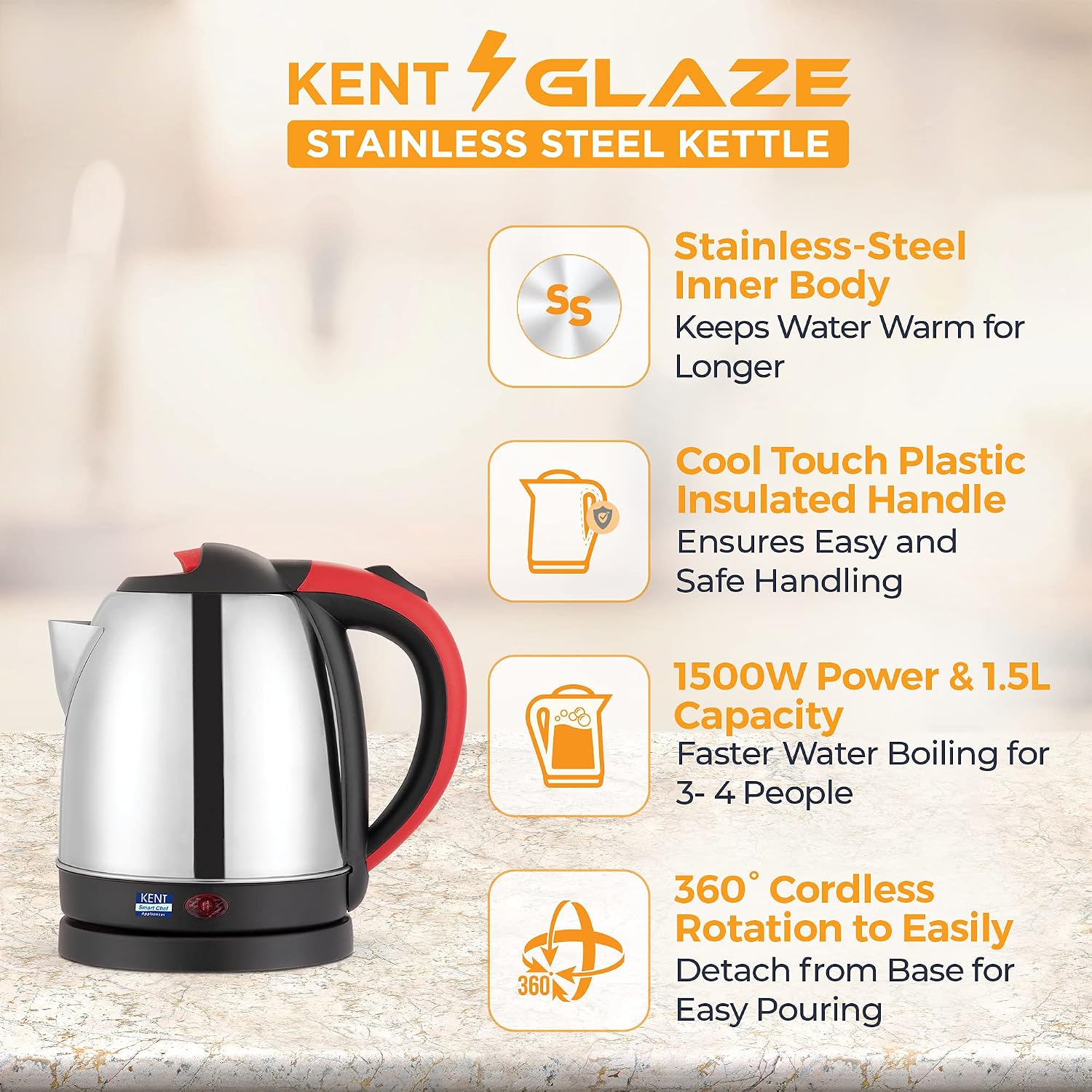 KENT 16097 Glaze Electric Steel Kettle 1.5 L 1500 W | Stainless Steel body | Overheating Protection | Plastic Insulated handle | 360° Rotating Base | Water Level Indicator | 1 Year Warranty