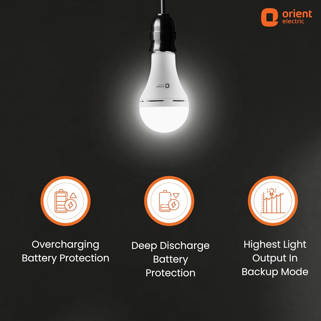 Orient Electric 9W Emergency LED Bulb| Rechargeable LED Light| 2 Hours Battery Backup| Up to 4 kV Surge Protection| 6500K, Cool White| B22d Base| Made in India| Pack of 8