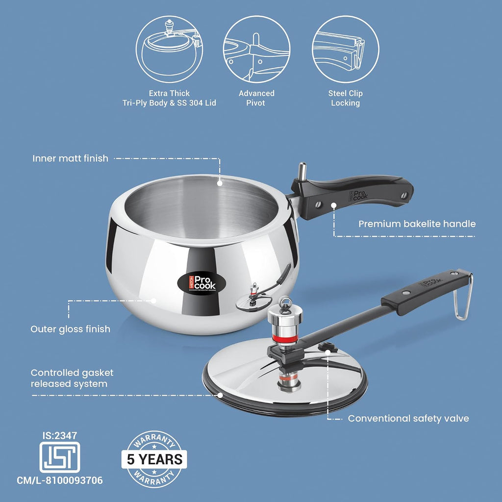 Milton Pro Cook Induction Cookware & Gas Stove Friendly Triply Stainless Steel Curve Pressure Cooker with Inner Lid 2 Litre | Gasket Release System | Hot Plate & Flame Safe | 5 Year Warranty | Silver