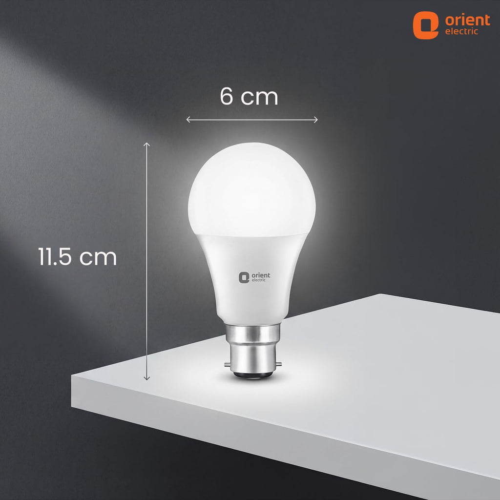 Orient Electric 9W High Glow LED bulb| 180-degree wide beam angle| Voltage surge protection up to 4 kV| 6500K, Cool White| B22d base| Made in India| Pack of 8