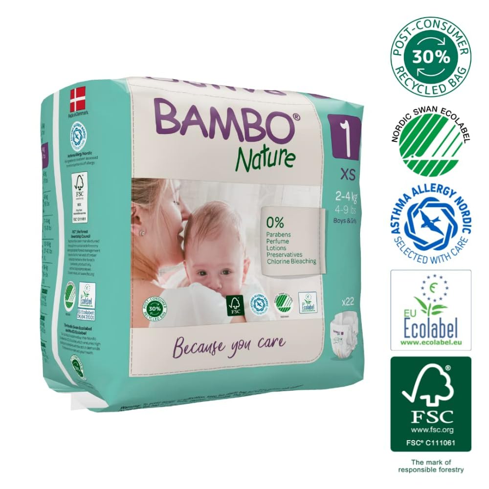 Bambo Nature Premium Baby Tape Diapers for New Born Baby XS Size (2-4 Kgs) - Super Absorbent, Breathable, Extra Soft, Dermatologically Tested, Hypoallergenic Nappies With Wetness Indicator, 132 Count (66 Count, Pack of 2)
